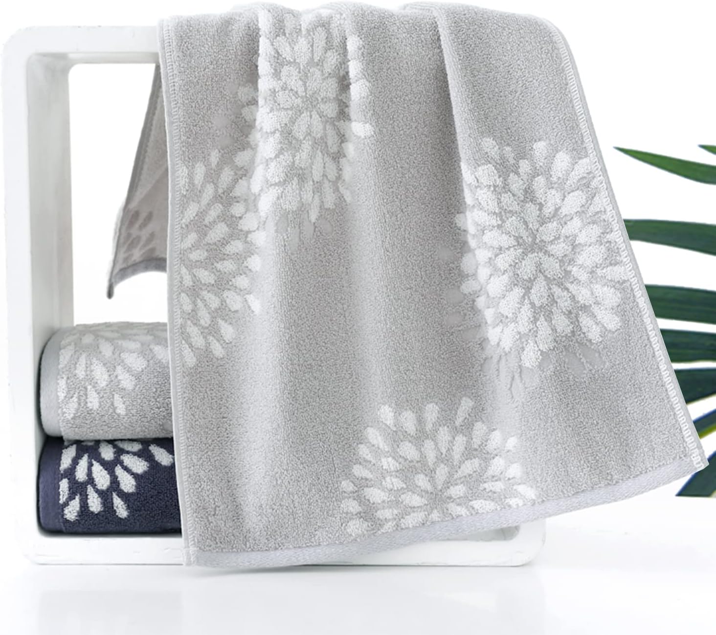 Pidada Hand Towels Set of 4 Hydrangea Floral Pattern 100% Cotton Absorbent Soft Decorative Towel for Bathroom (Light Grey) - Image 5