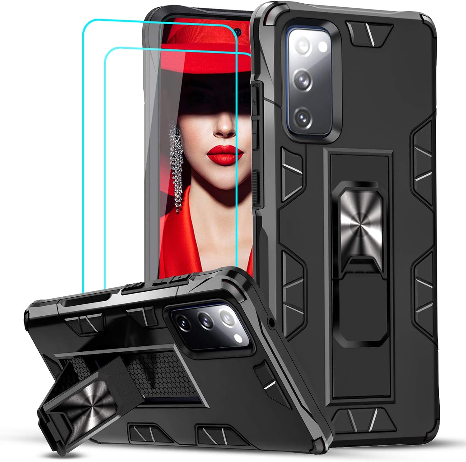 LeYi Compatible with Samsung S20 FE Case, Samsung Galaxy S20 FE Case with 2 Tempered Glass Screen Protector, Military-Grade Shockproof Built-in Kickstand Car Mount Phone Case for S20 FE 5G, Black