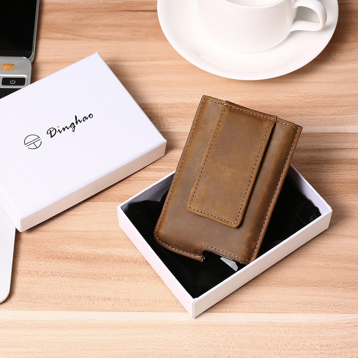 Dinghao RFID Blocking Slim Money Clip Aluminum Wallet Automatic Pop-up Card Case (Texas Brown) - Image 6