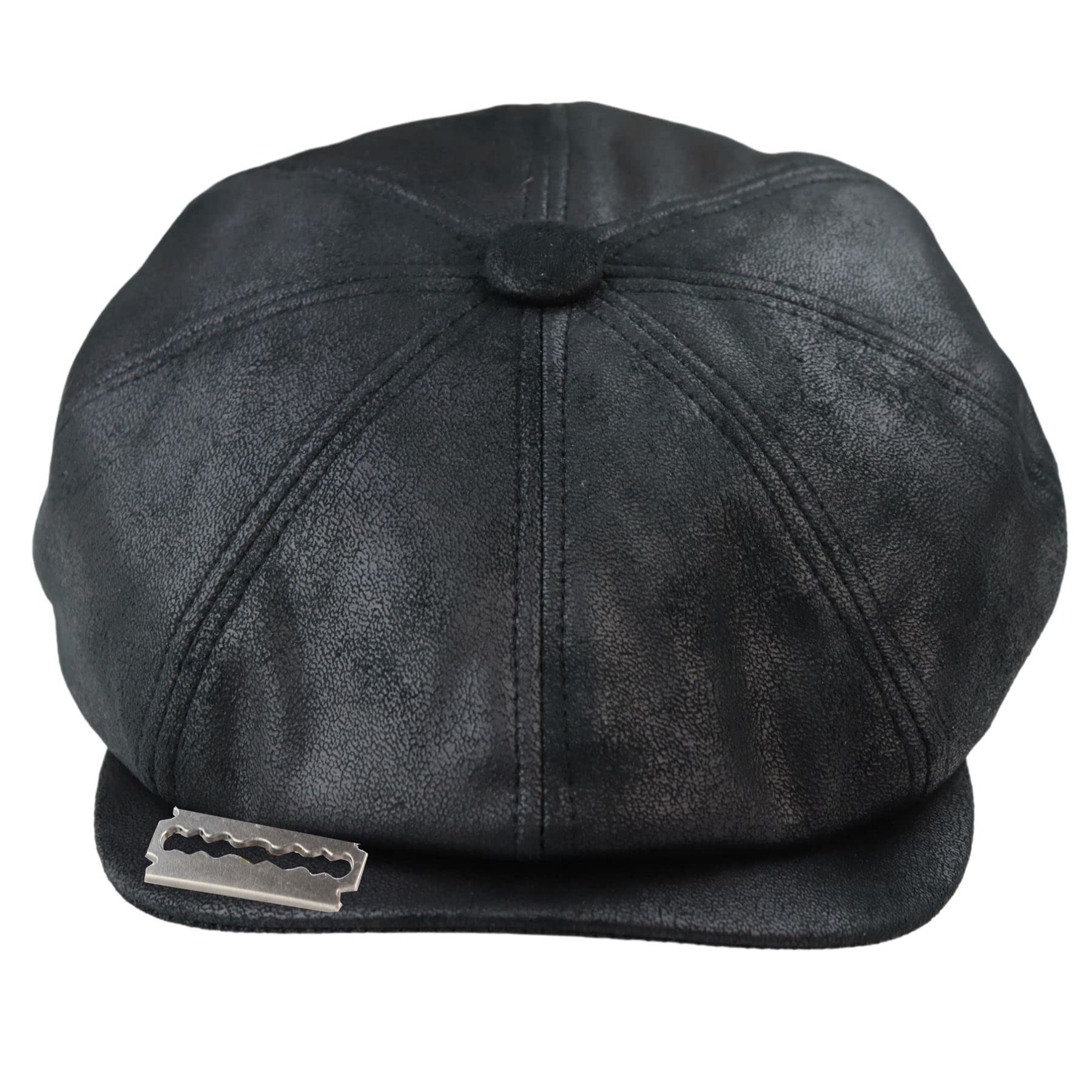 TruClothing Mens 8 Panel Razor Baker Boy Hat PU Leather Blinders Newsboy Flat Cap Black Brown - Black Razor L/XL