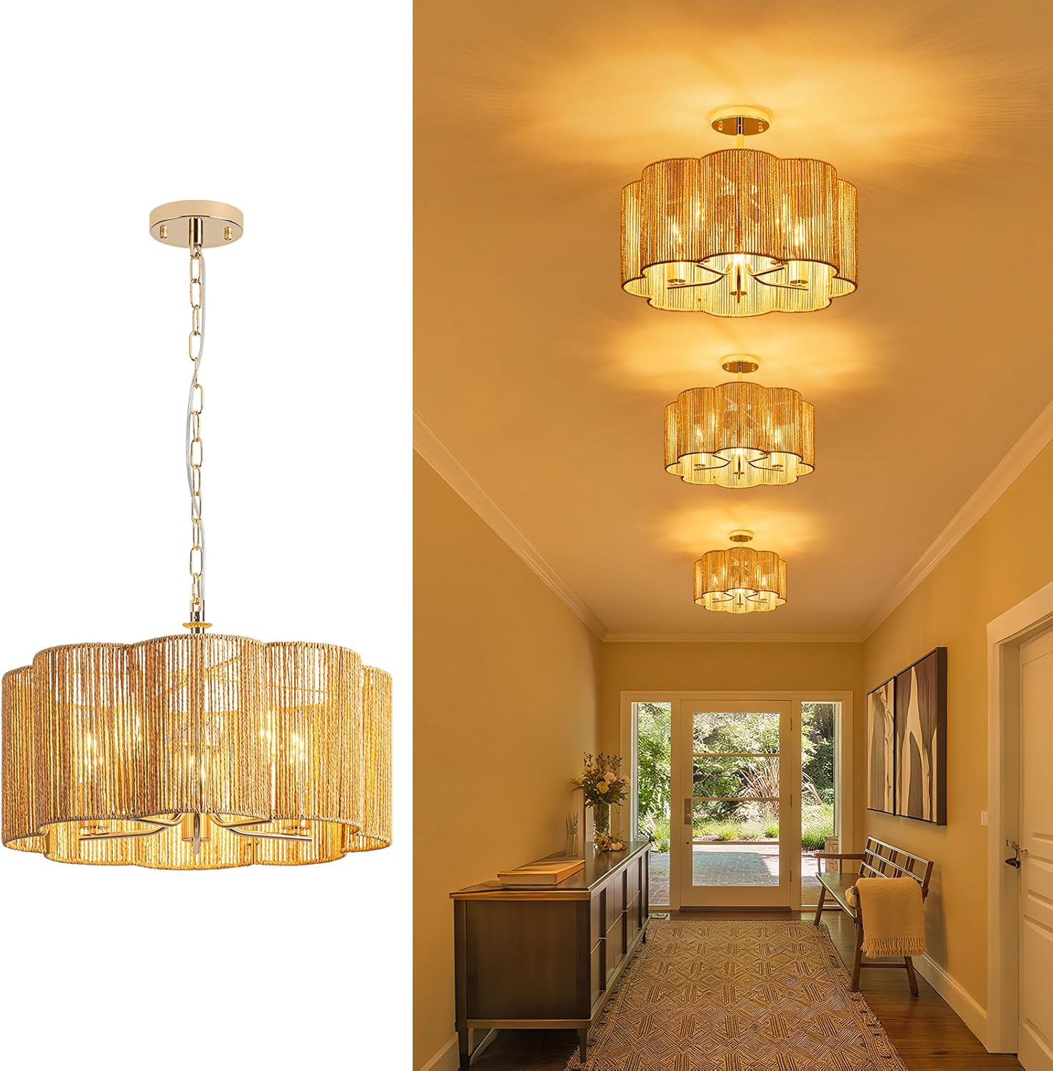 5-Light 19.6'' 2-in-1 Linear-Woven Rattan Ceiling Light - Convertible Flush Mount/Pendant for Kitchen Island & Dining Room, Dimmable with Adjustable Chain + Rod
