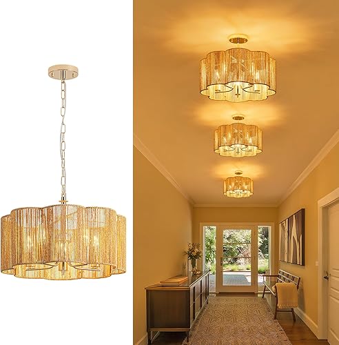 Miniatura 1 de Lámpara de techo de ratán tejida lineal 2 en 1 de 5 luces de 19.6 pulgadas, montaje empotradocolgante convertible para isla de cocina y comedor,