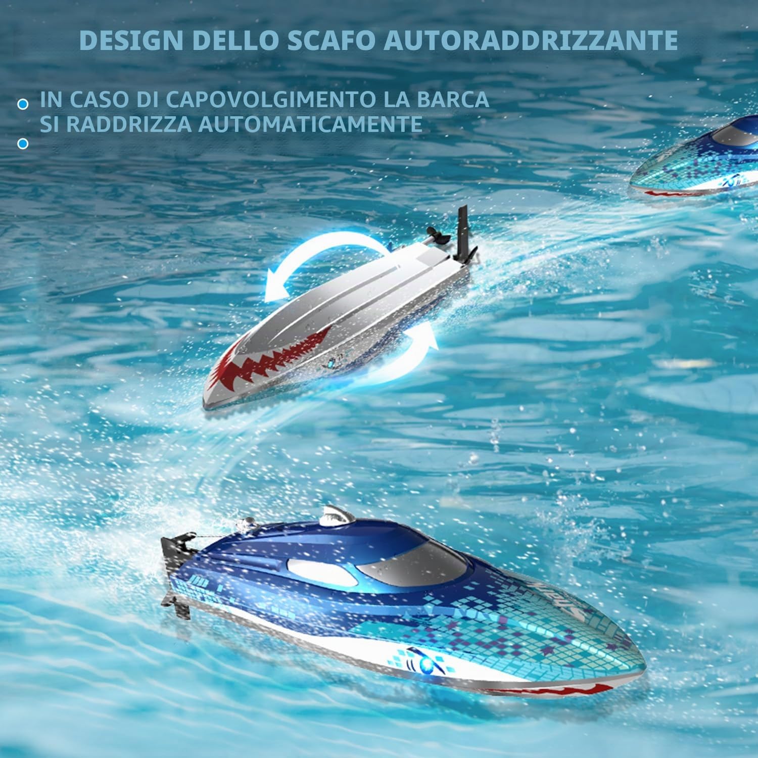 DEERC Barca RC con luce LED, barca a squalo telecomandata per piscine e laghi, barca radiocomandata da 20 km/h, barca da corsa da 2,4 GHz