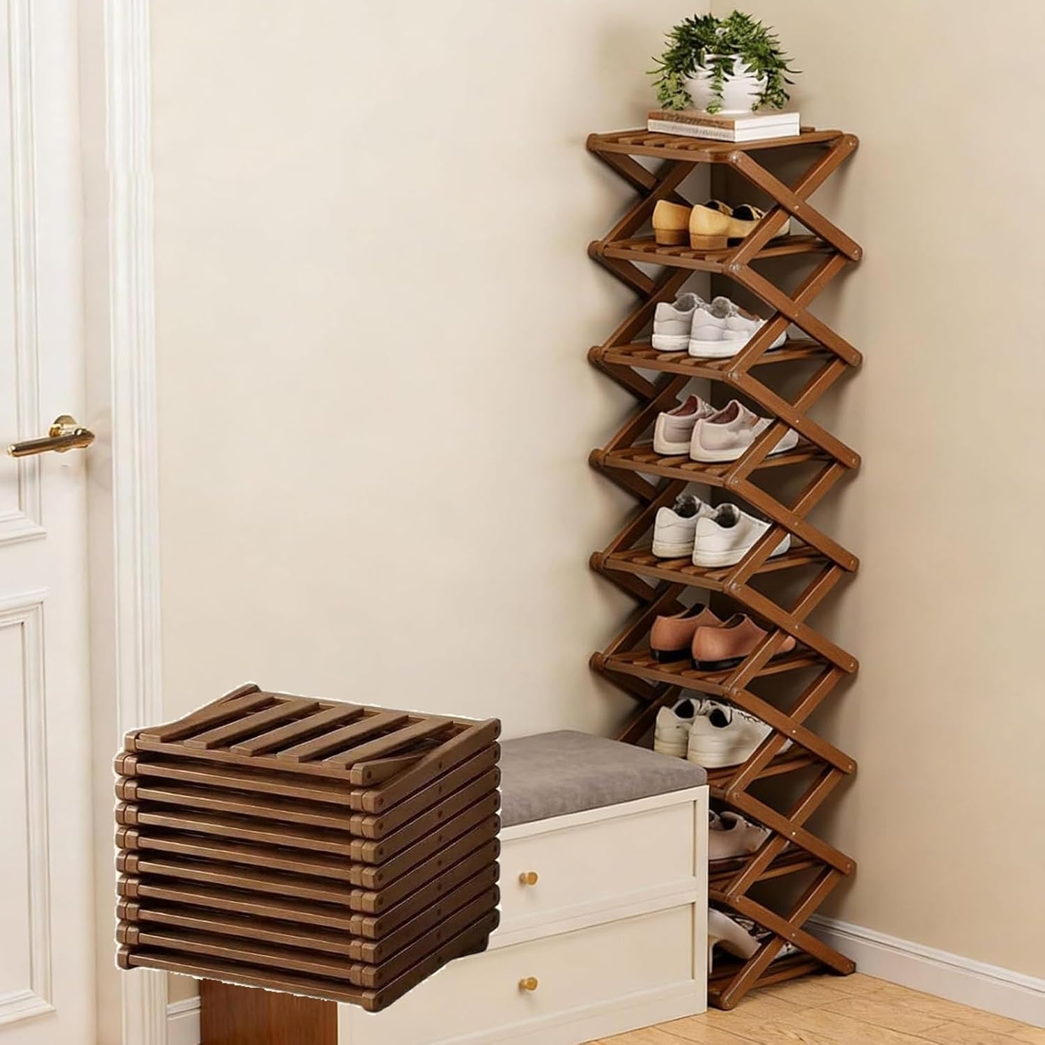 The 9-Tier No-Assembly Bamboo Rack: Foldable Vertical Wooden Shoe Rack, Space-Saving Narrow Shoe Shelf for Small Spaces, Narrow Shoe Shelf for Entryway Closet Dorm(Yellow,9-Tier)