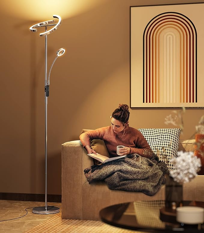 Anten Anten KAKA Vloerlamp, dimbaar, led, zilverkleurig, 25 W met flexibele 7 W leeslamp, moderne plafondschijnwerper, afstandsbediening, 2500 lm, 4 kleurtemperaturen, woonkamer, slaapkamer, kantoor, hotel photo 2