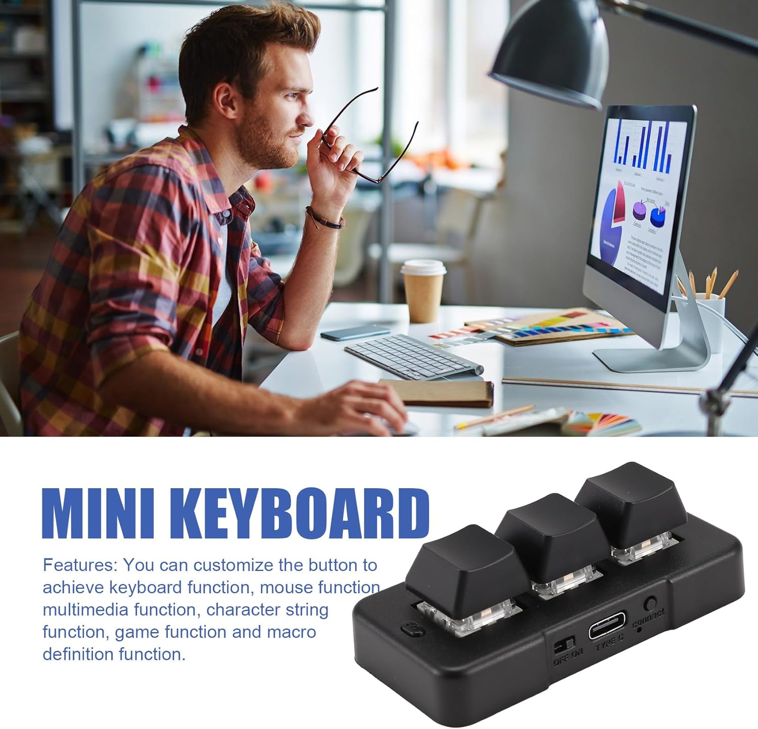 Close-up of the MK321 mini keyboard with text highlighting customization features.