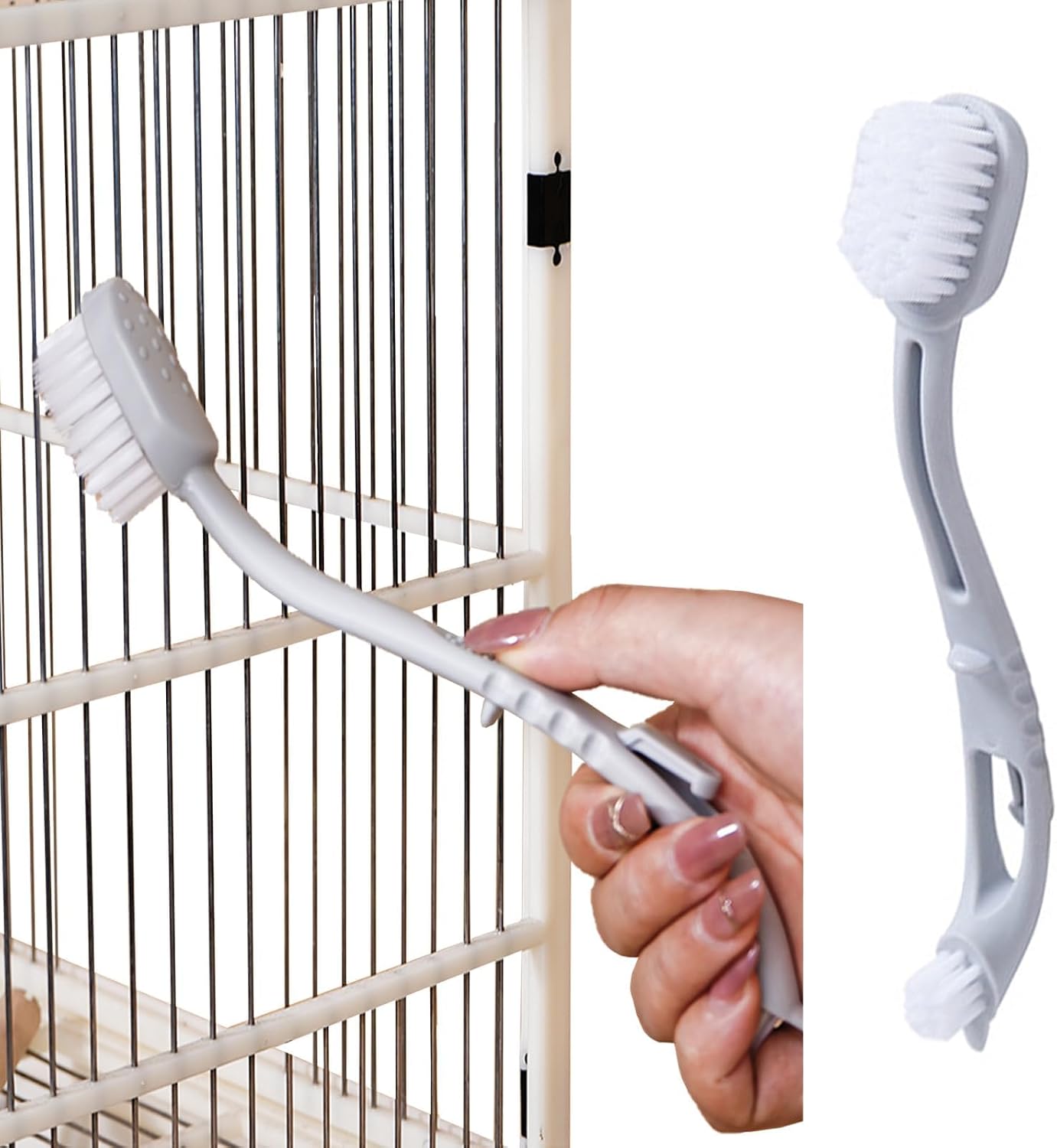 MANONROSA Bird Cage Cleaning Brush with 2 Brush Heads & Long Handle - Thorough Cleaner for Parrot Cages, Perches & Kennels