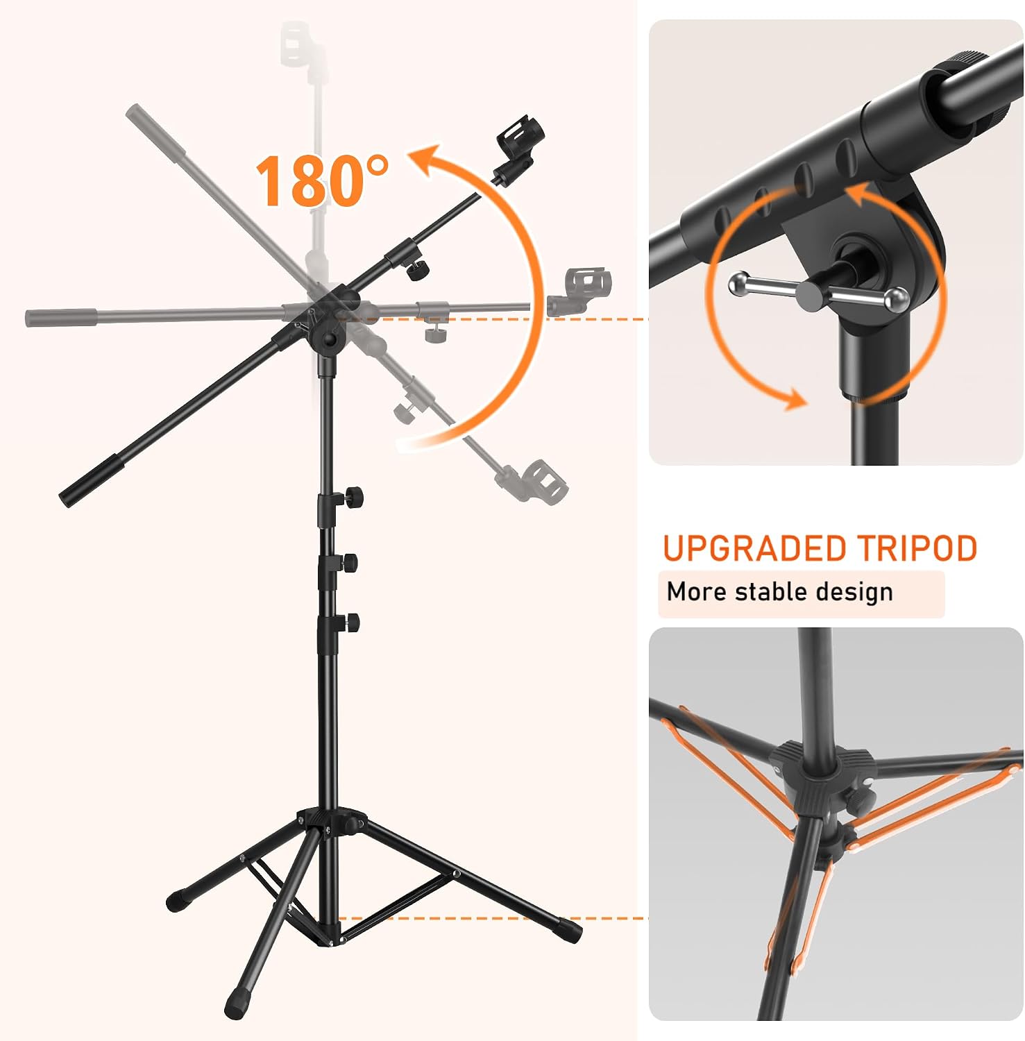 Microphone Stand, Floor Foldable Mic Stand with Phone Clip,Heavy Duty Tripod Boom Arm with 2 Mic Clips and Carrying Bag for Singing Karaoke Stage