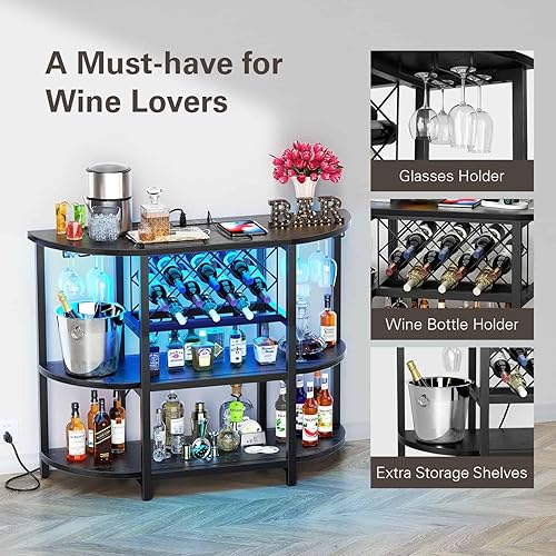 Miniatura 6 de Zarler Carrito de bar con toma de corriente fácil de montar, gabinete de bar LED para el hogar, para licor, 47.3 pulgadas de largo x 15.8 pulgadas