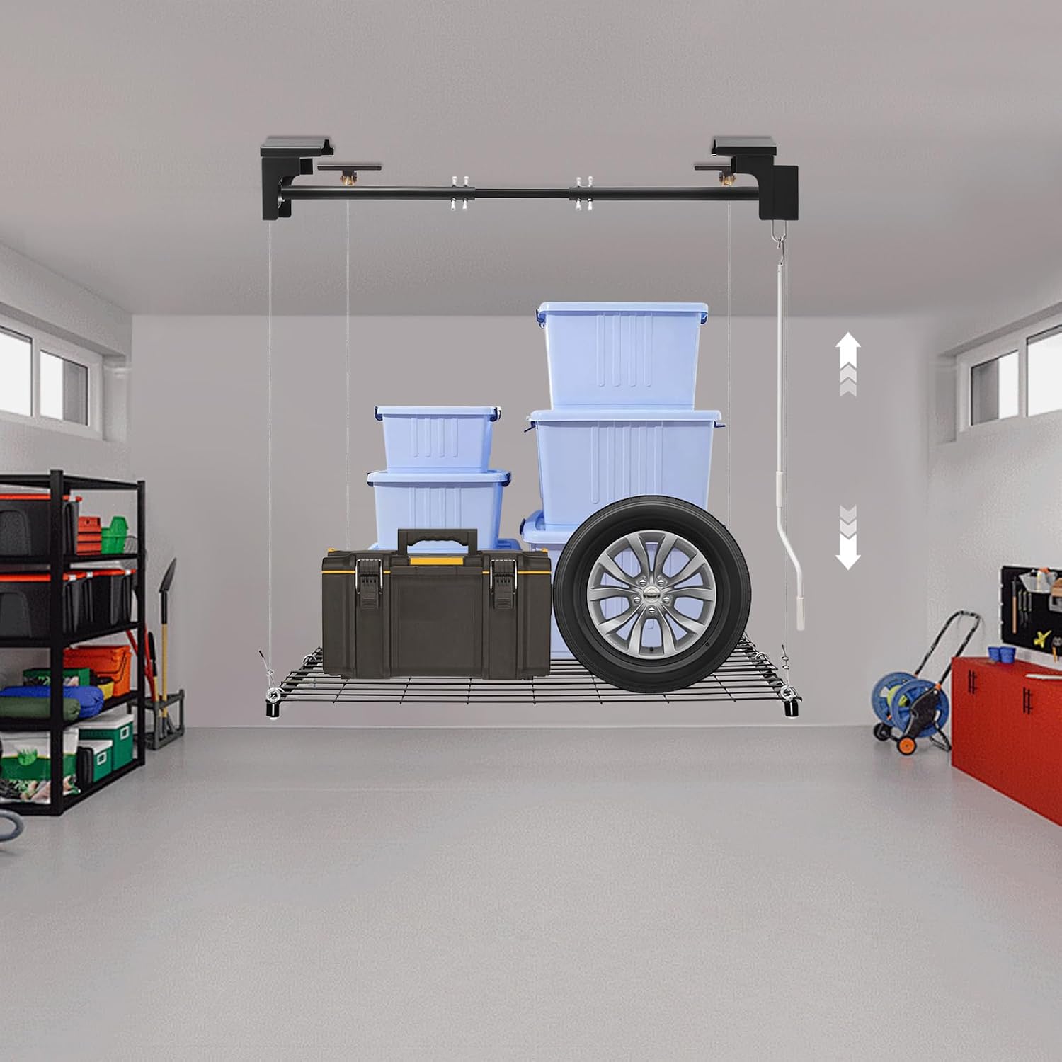 Garage Ceiling Storage Racks, 250 lbs Capacity Adjustable Ceiling Mounted Storage Racks, Ceiling Mounted Lift System and Storage Organizer, Ideal for Maximizing Overhead Space