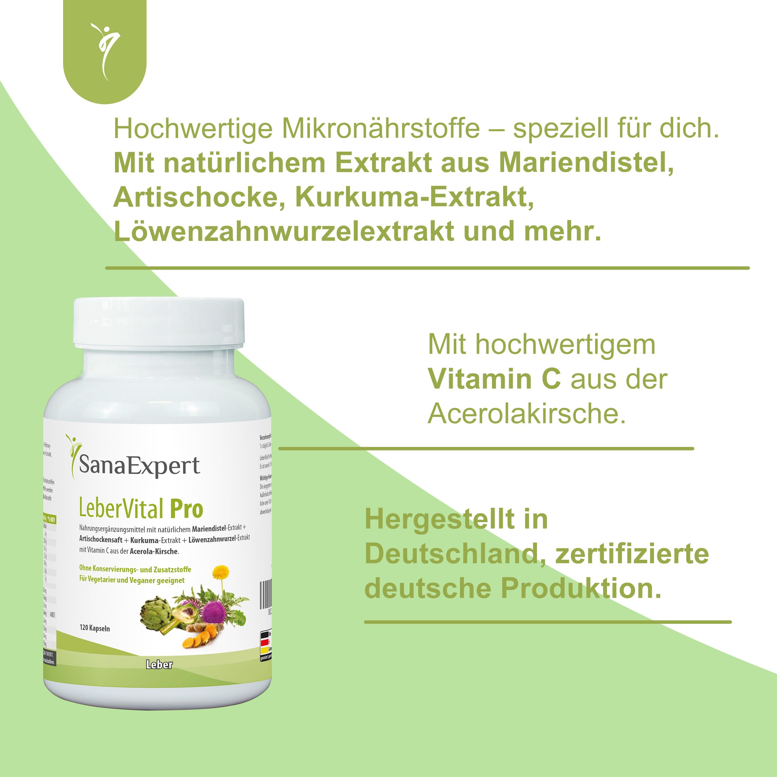 SanaExpert® LeberVital Pro – Pflanzlicher Leberkomplex mit Mariendistel, Artischockenextrakt, Kurkuma, Löwenzahn & Acerola Vitamin C – 120 Kapseln für Leberreinigung & Entgiftung, Made in Germany
