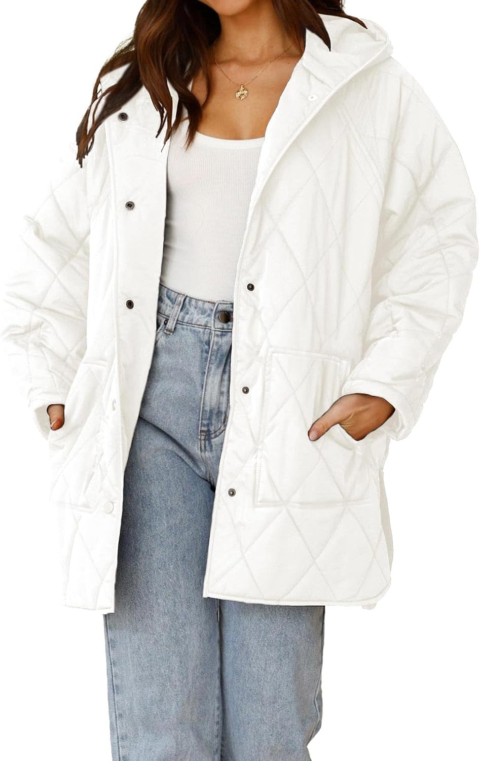 WHN Long Jackets for Women Fashion Hooded Oversize Coat Button-Down Diamond Quilted Lightweight Jackets(Cream White,M)