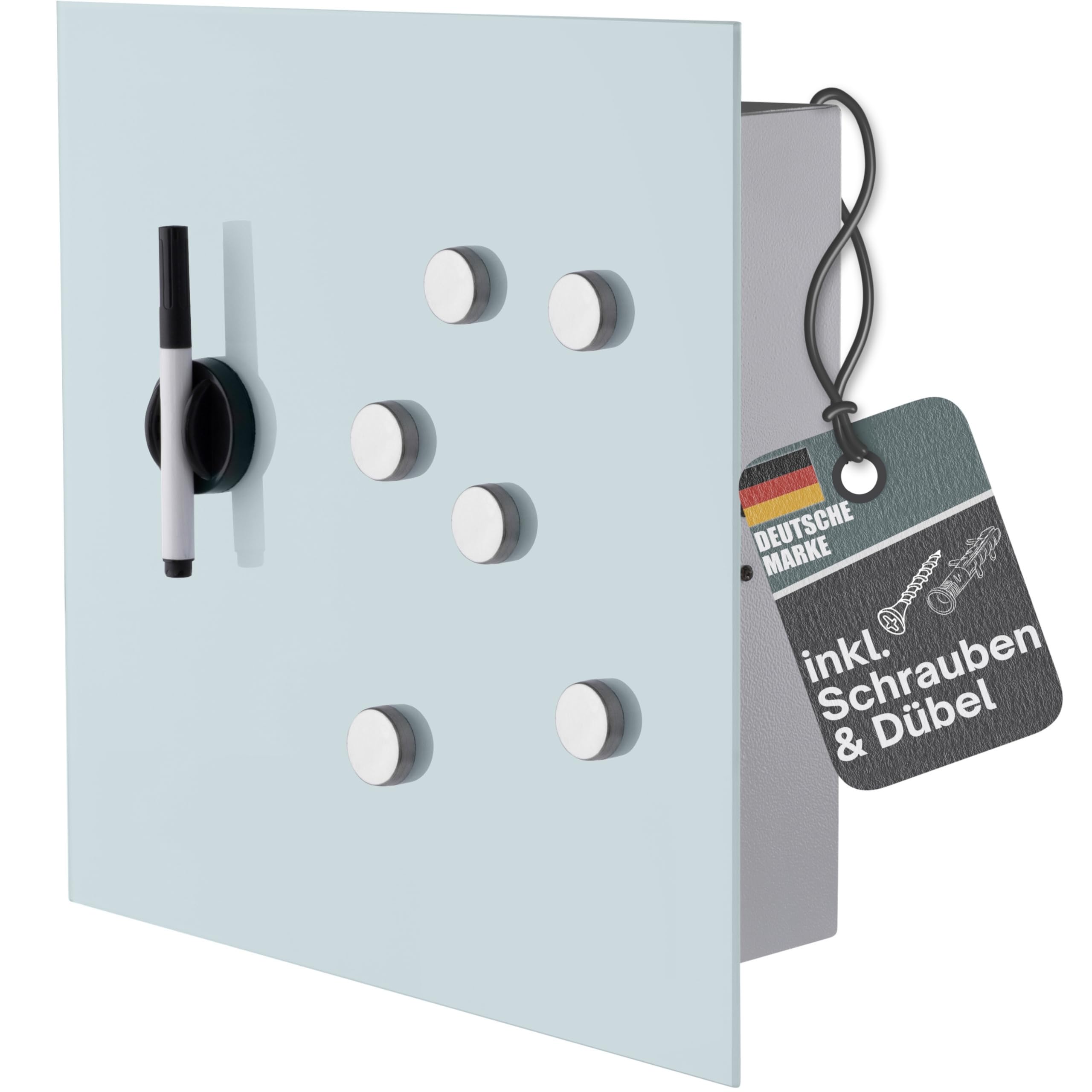 BALOU Schlüsselkasten modern mit Glas Magnettafel, 33x33x6,8cm milchglas | Memoboard magnetisch mit 6 Magneten und Stift - Schlüsselschrank groß mit 20 Haken