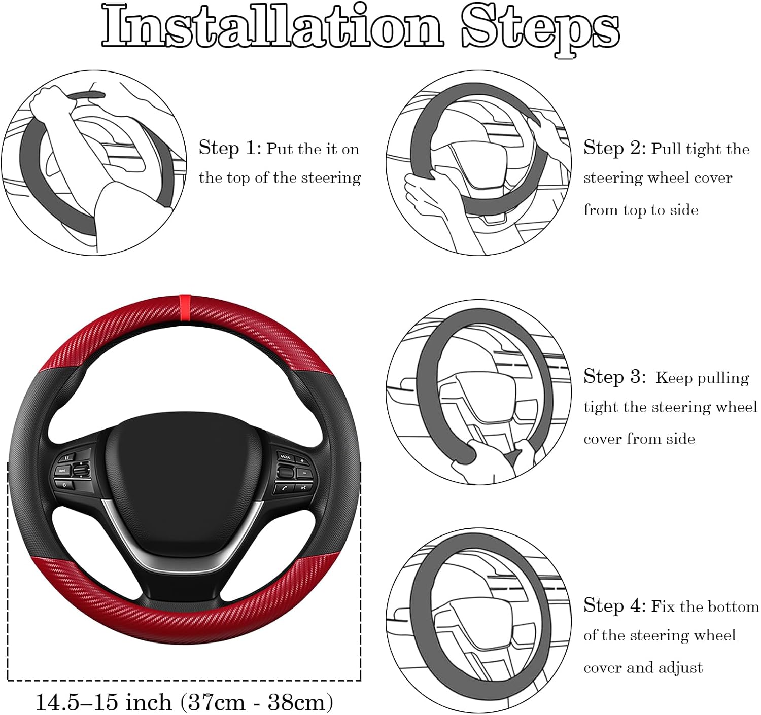 Black & Red Carbon Fiber Leather Steering Wheel Cover, Microfiber Leather, Anti-Slip, Breathable, Universal Fit for 14.5–15 in Steering Wheel Cover for Men Women - Image 8
