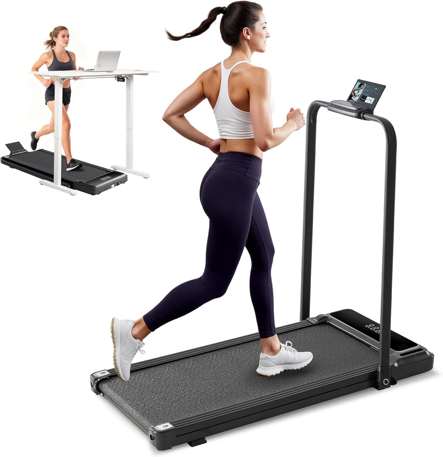 Walking Pad Under Desk Treadmill, Portable Compact Electric Walking Treadmill with Remote Control for Home Office, Quiet Fitness Machine Black With Handle