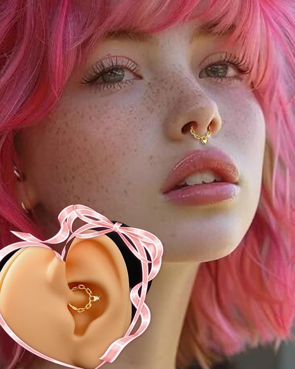 Agrewd 16G Gold Septum Rings Heart Chain Septum Jewelry Dainty Helix Daith Earrings for women Stainless Steel Helix Daith Piercing Jewelry by Agrewd - Used condition - Image 2