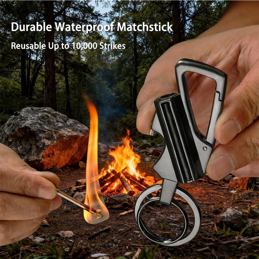 Schlüsselanhänger-Feuerzeug mit permanentem Streichholz und Flaschenöffner, 2 Stück, winddicht, wasserdicht, Multi-Tool für den täglichen Gebrauch und als Geschenk