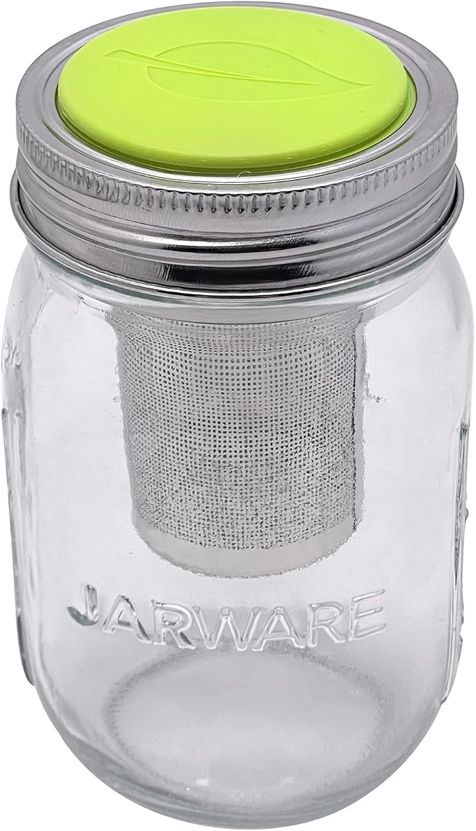 Jarware Tarro de cristal y tapa para infusor de té, tarro y filtro de té de acero inoxidable | Té empinado de hojas sueltas en boca normal Juego de tarros Mason de 16 oz | Prepare té caliente o helado en casa | Juego de tarros de masón más empinados