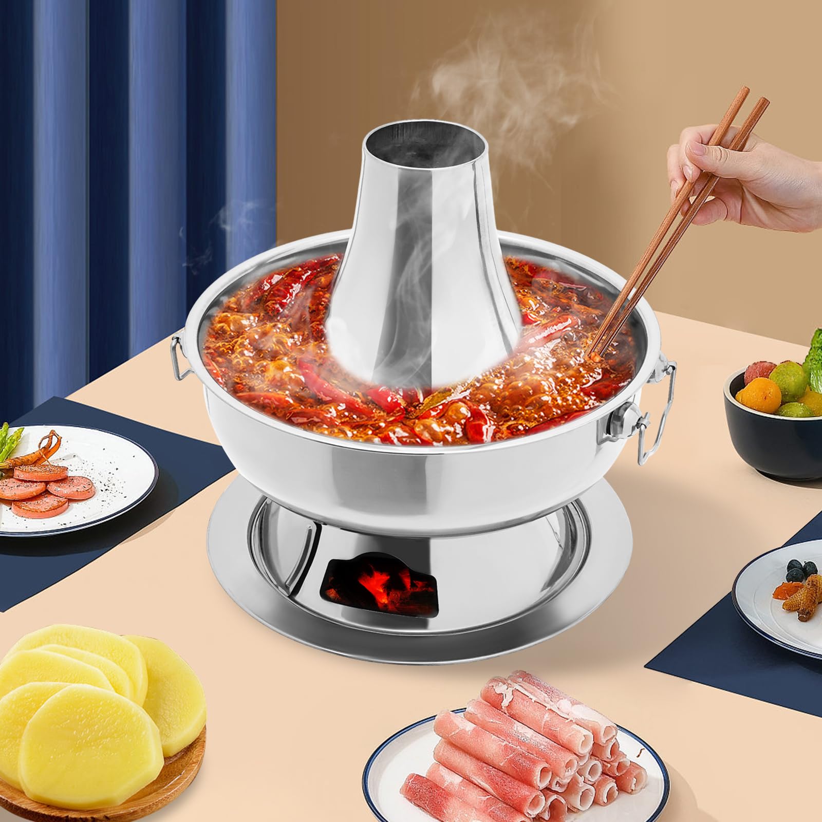 Chinesischer Holzkohle-Hotpot 2.3L Edelstahl Vintage mit Schornstein, Suppenlöffel und Sieb für Haushalt Restaurants (Silber)
