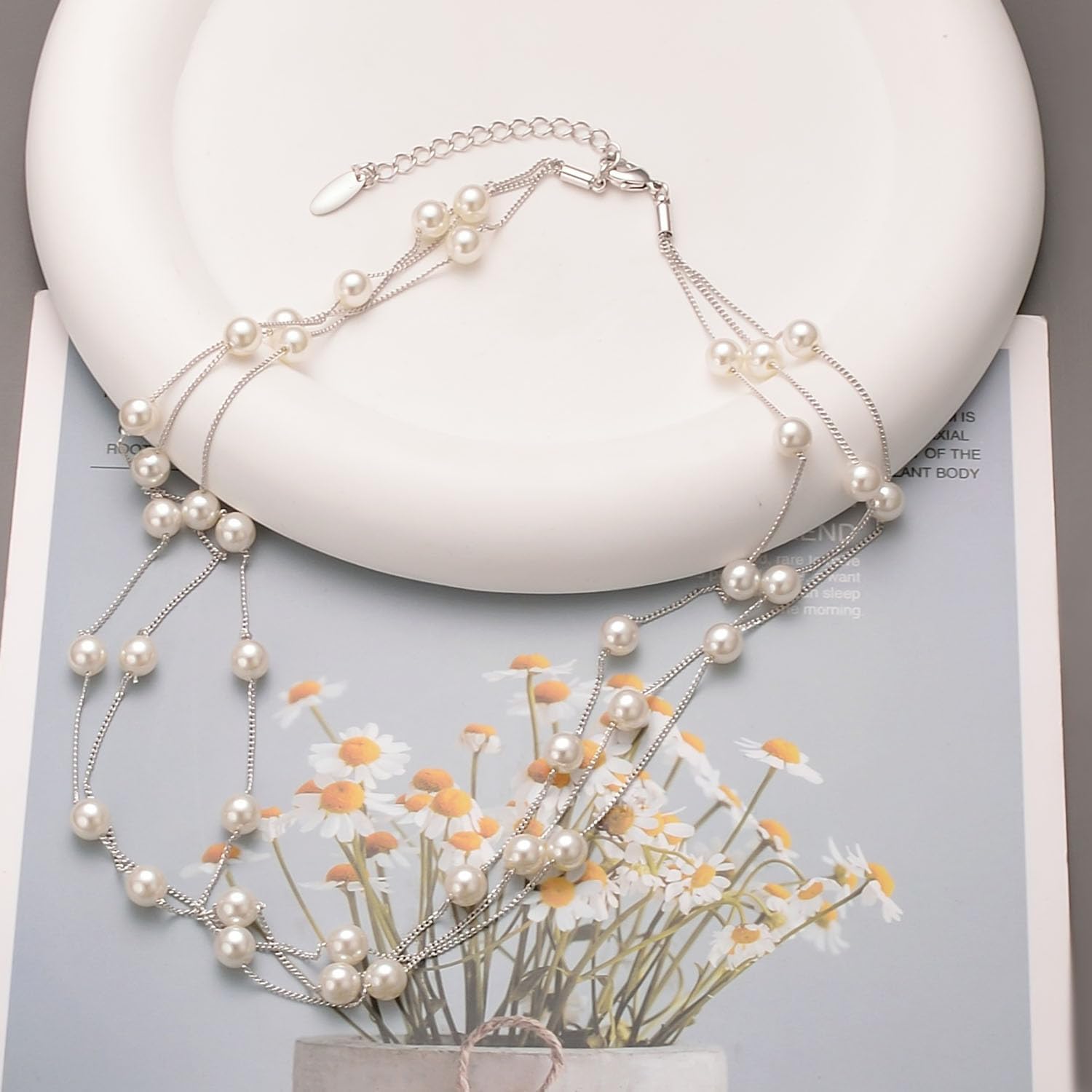 Aleasha Rose Gold Faux Pearl Choker Necklace Multi Strand for Women Silver Dainty Small Pearl Wedding Jewelry - Image 7