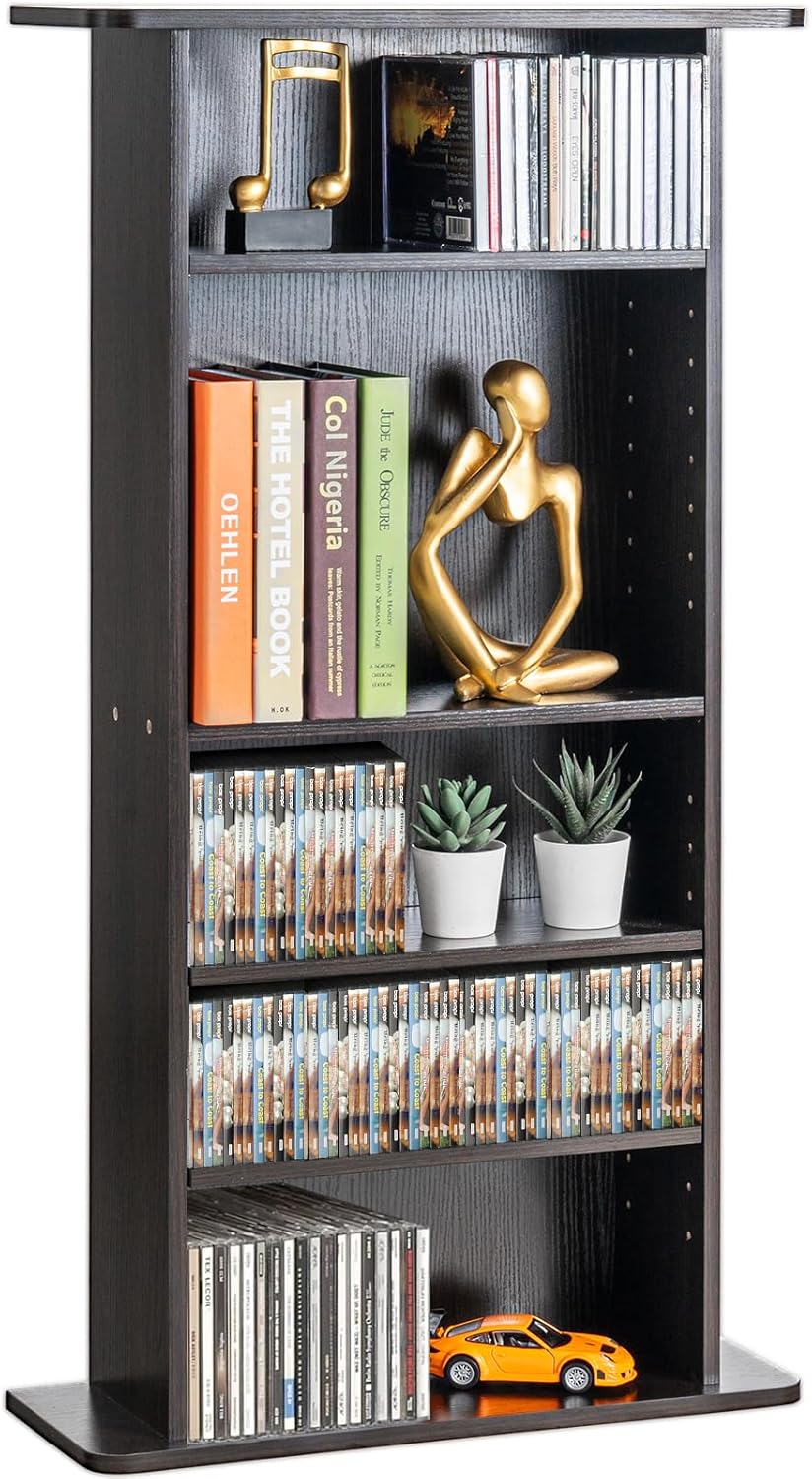 VEVOR Media Storage Cabinet, 5-layer DVD Shelf Holds up to 240 CDs, Adjustable CD Shelves, Protects & Organizes Music, Movie, Video Games or Memorabilia Collections, Espresso