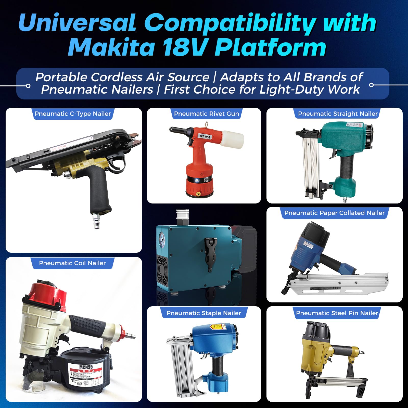 Compresor de batería para batería Makita de 18 V, sin batería | Compresor de aire portátil de 500 W, 12 bar, 35 l/min, inflado rápido para herramientas neumáticas