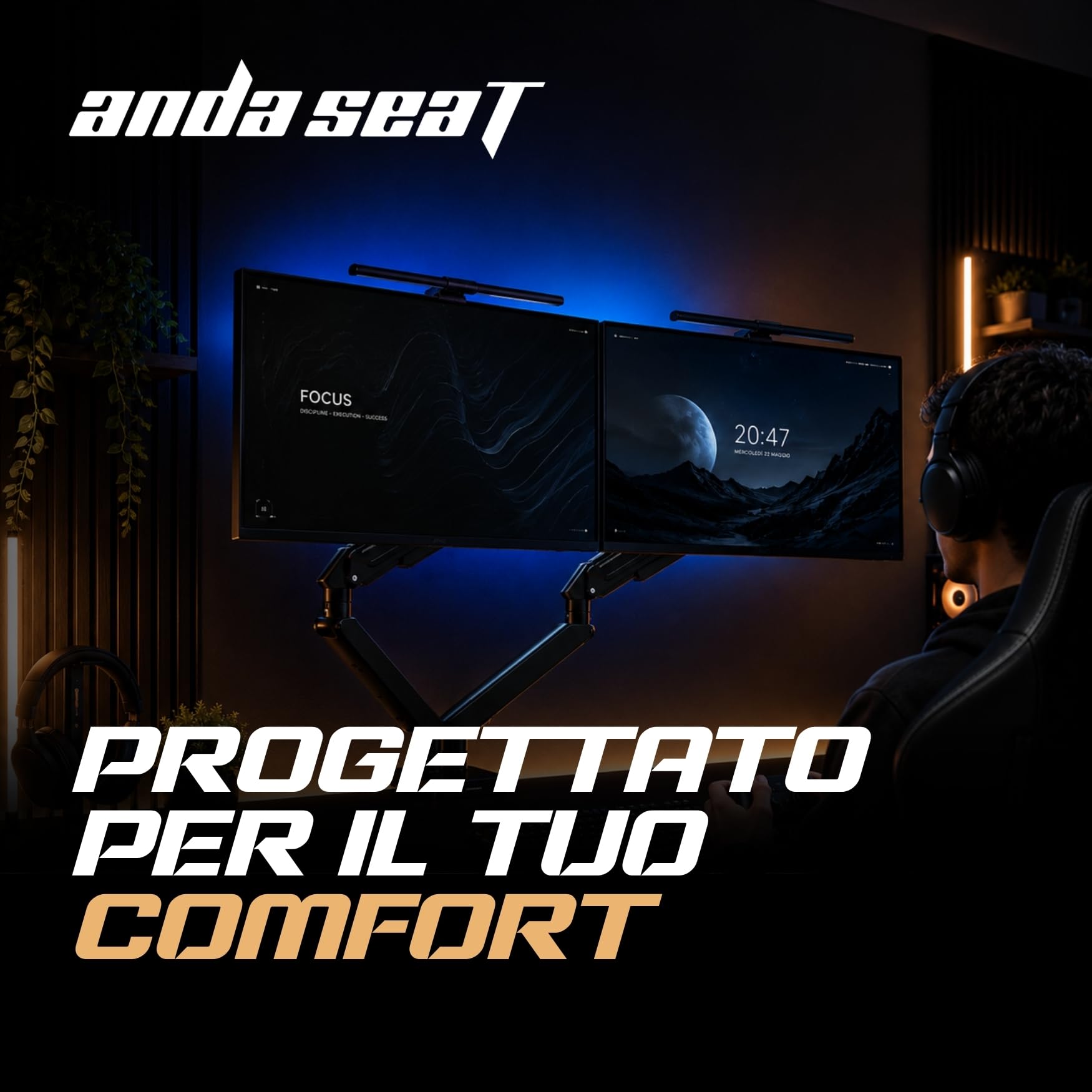 ANDA SEAT Stealth II Duo, Braccio Monitor Doppio da Scrivania con Molla a Gas Regolabile, Supporto Doppio Monitor da 17" a 32" fino a 9 kg per braccio, VESA 75x75 e 100x100