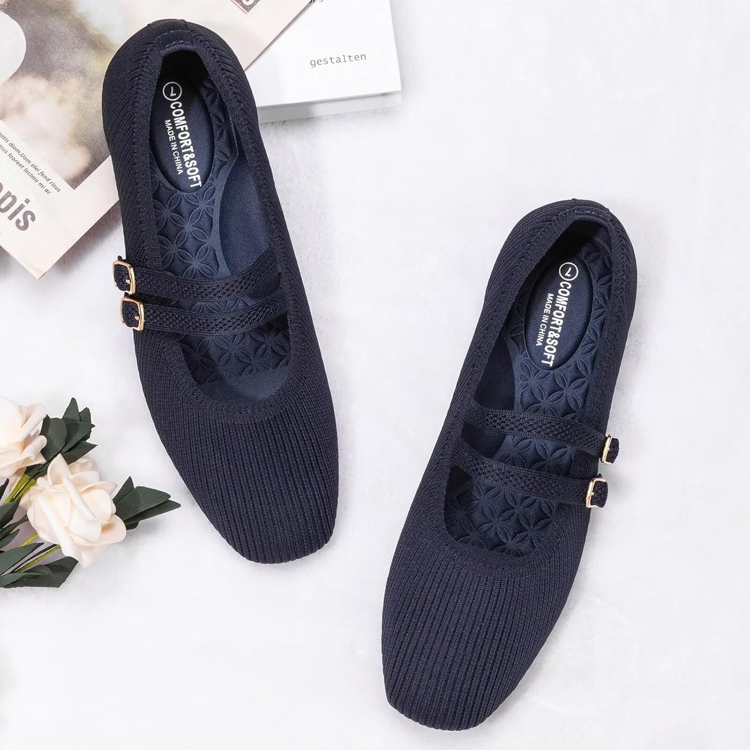 Frank Mully Women's Flats Square Toe Mary Jane Shoes Ballet Flats with Strap Comfortable Slip On Knit Shoes Dressy Casual