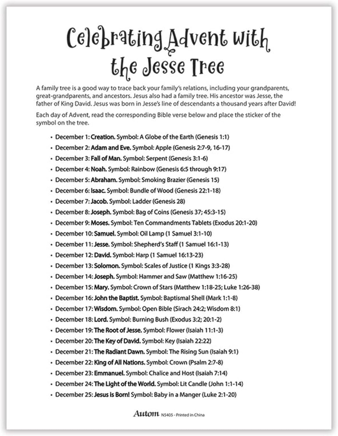 Needzo Jesse Tree Advent Sticker Activity, Religious Christmas Crafts, 8.5x11 Inches (Pack of 12)