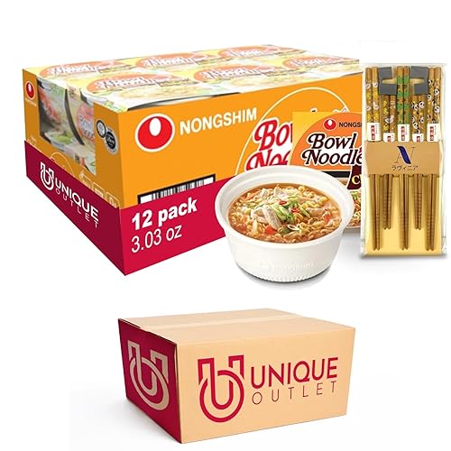 Nongshim Unique Outlet Brand - Paquete de 12 tazones de sopa de fideos Ramyun Ramen de pollo picante de 3.03 onzas + 1 juego de palillos familiares