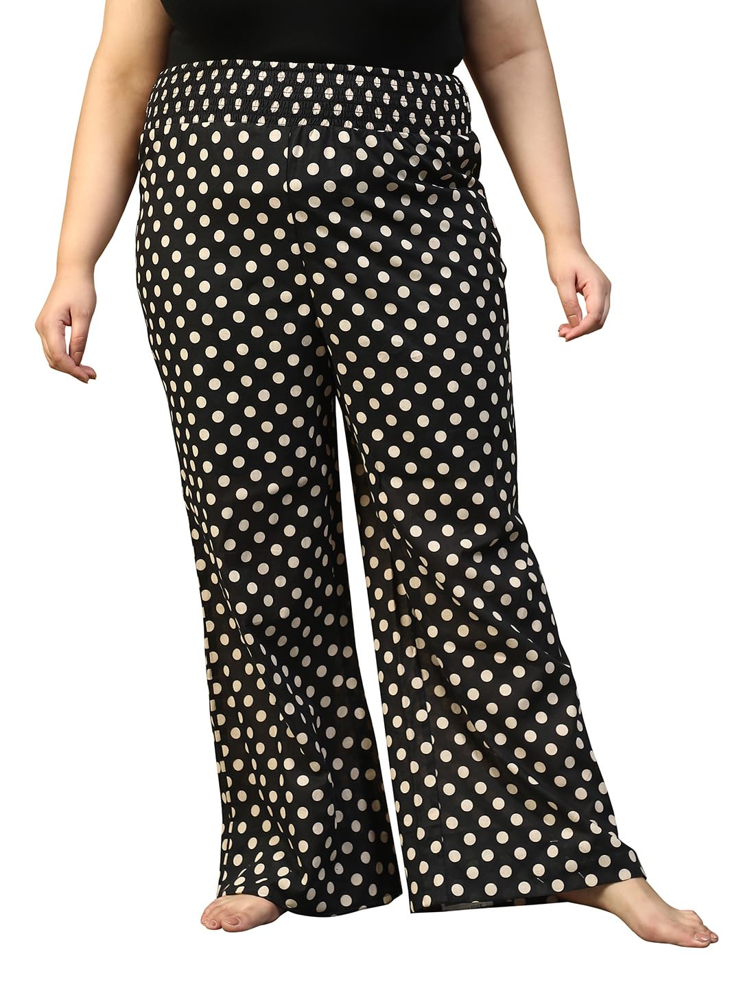Black Polka Dot Print Flared Beachwear Cotton Pants with Elasticated Waist-image-1