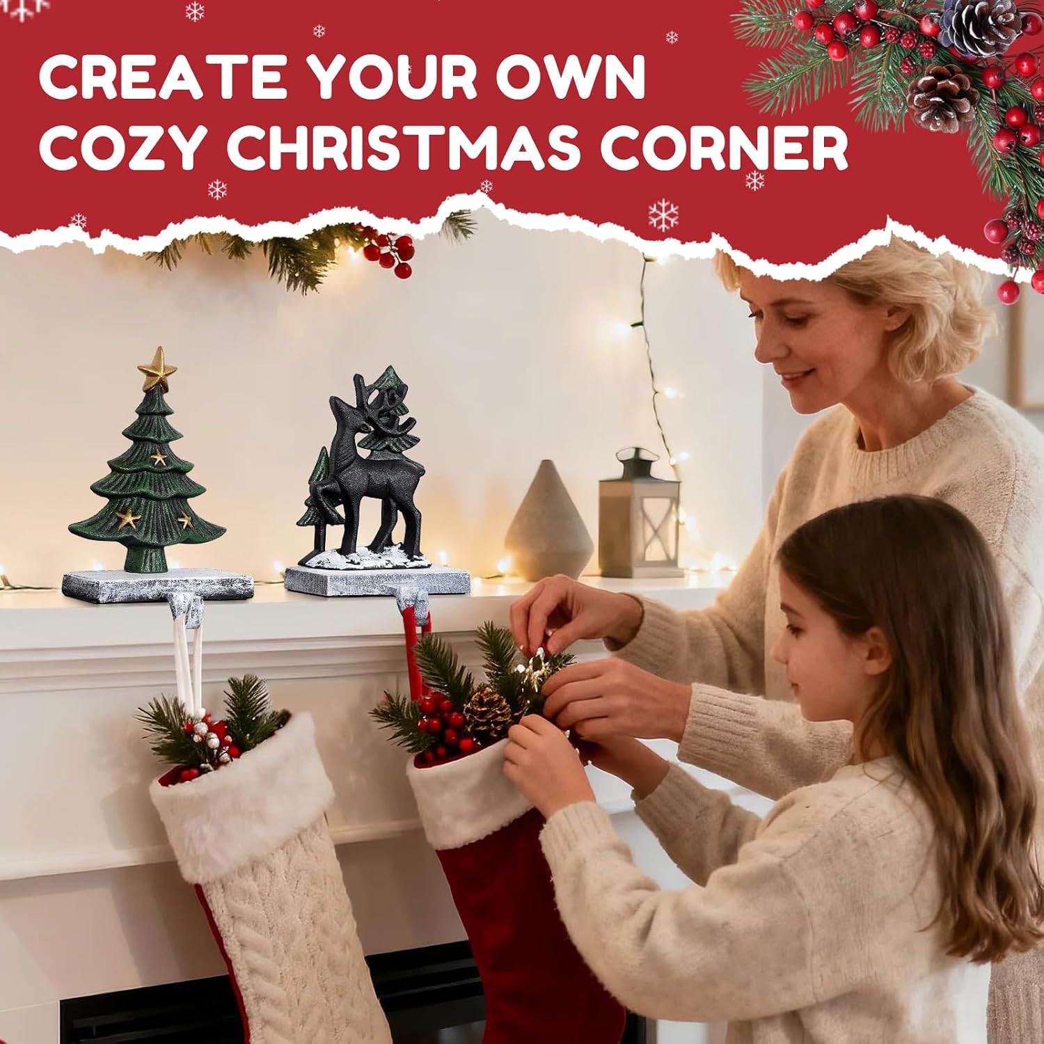 INNO STAGE Christmas Stocking Holders for Mantle Set of 2, Heavy Duty Cast lron Stocking Holder with Non-Slip Base, Xmas Tree Reindeer Stocking Hooks, Stocking Hangers for Fireplace Table Decor