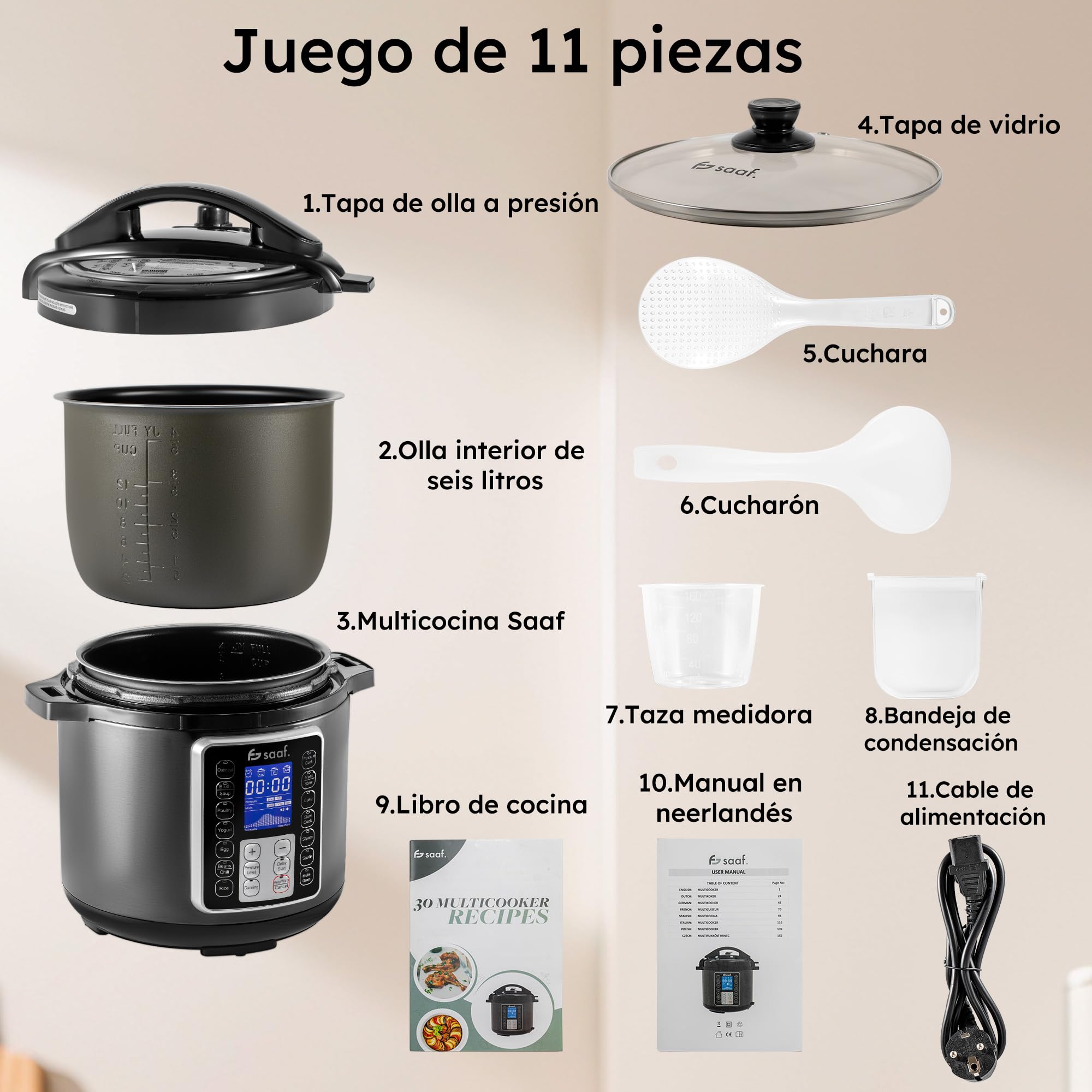 Saaf Multicooker 6L 11 Piezas 12 Programas Slowcooker Arrocera Vaporizador Olla a Presión Pantalla Digital