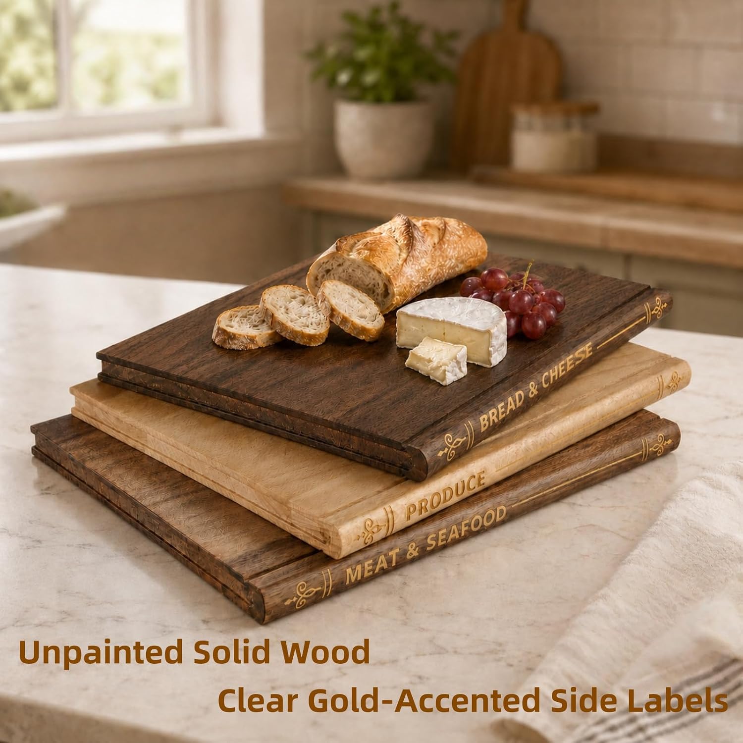 Wood Book Cutting Board Set with Stand - Natural No Paint 3-Piece Book Shaped Wooden Kitchen Boards - Acacia for Cheese Walnut for Meat Beech for Produce