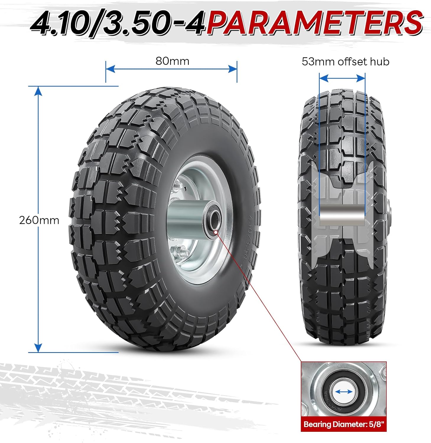 10” Solid Tires, 4.10/3.50-4” Flat Free Tires and Wheels with 5/8” Axle Bore Hole and Double Sealed Bearings Compatible with Hand Truck Wheelbarrow Tire Lawn Mower Tire (Silver, 2PCS) P-092