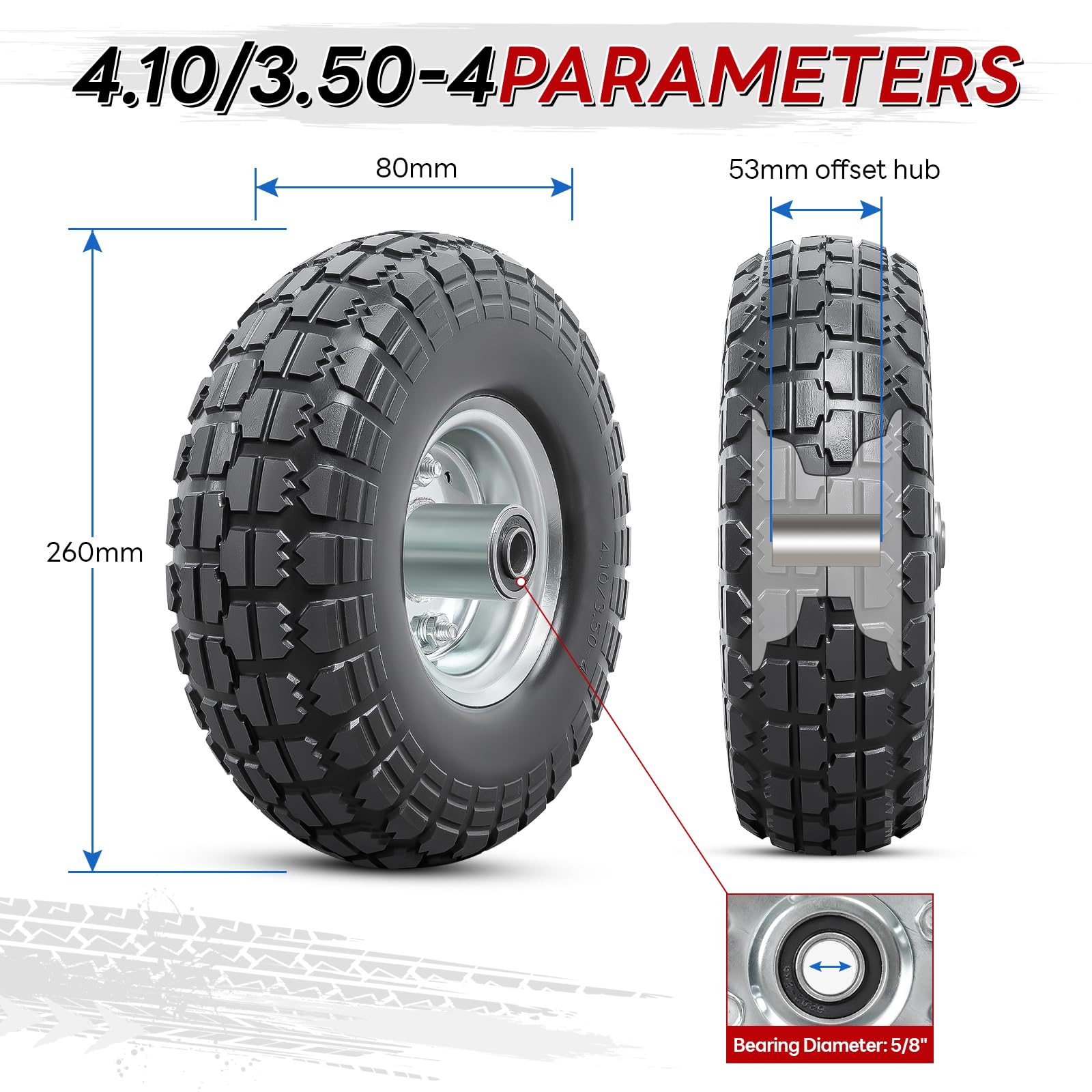 2-PCS 4.10/3.50-4 Reifen Pannensichere 4.10-4 3.50-4 Vollreifen mit 5/8 Zoll Achsbohrung und doppelt abgedichteten Lagern, kompatibel 4.10 3.50-4 Sackkarren, Schubkarren, Rasenmäher reifen| Silber
