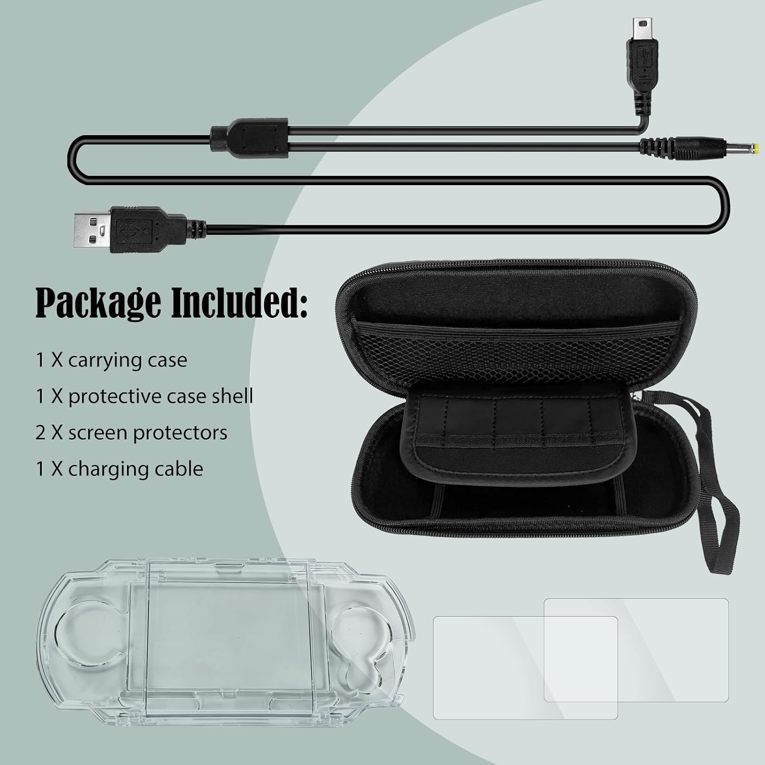 JDGPOKOO 5 in 1 Accessories Kit for PSP 1000, Carrying Case for PSP 1000, Protective Case Shell, 2 Set Screen Protectors and Charging&Date Cable, Compatible with PlayStation Portable 1000 ONLY