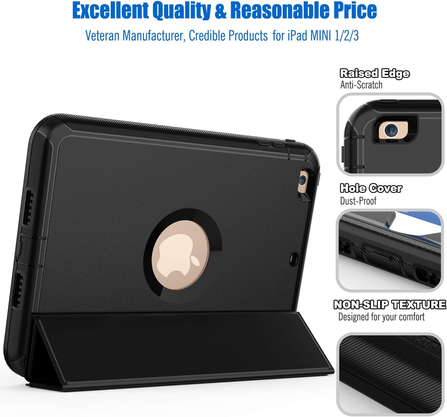 SEYMAC stock Case for iPad Mini 1 2 3, (Not Mini 4), 3-Layer Shock-Proof Protective Case for Kids,Smart Cover Auto Sleep Wake & PU Leather Folio Stand Function for iPad Mini 1st, 2nd, 3rd (Black)