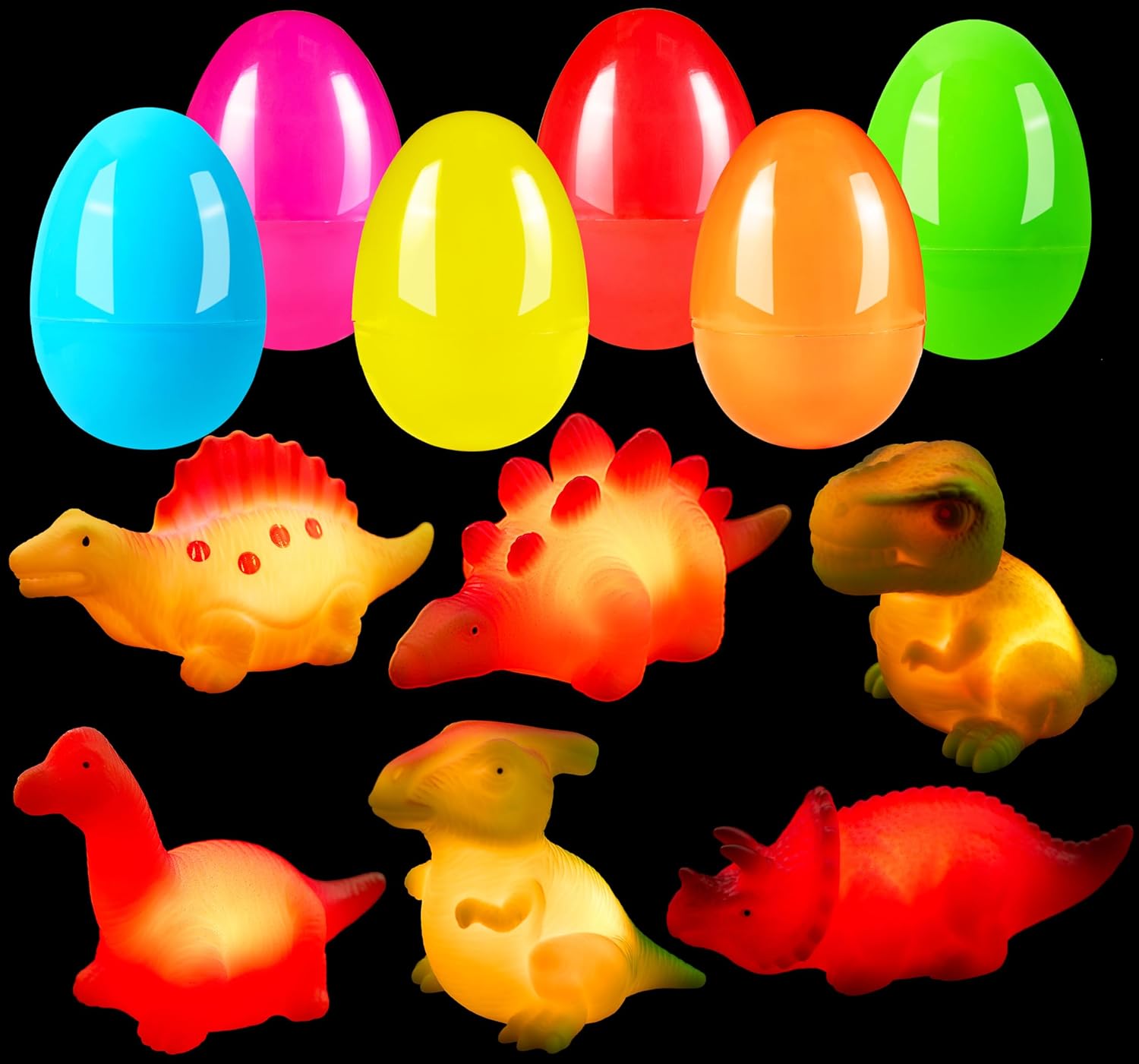 JOYIN 6 Pcs Prefilled Easter Eggs with Floating Dinosaur Light-up Bath Toys, Luminous Bathtub Toys for Kids Easter Eggs Hunt, Toddler Party Favor, Basket Stuffers Filler（Age 3+）