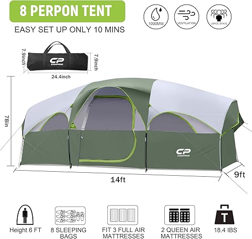 Vista 2 de CAMPROS CP Tienda de campaña para 8 personas, tienda familiar resistente a la intemperie, 5 ventanas de malla grandes, doble capa, cortina dividida