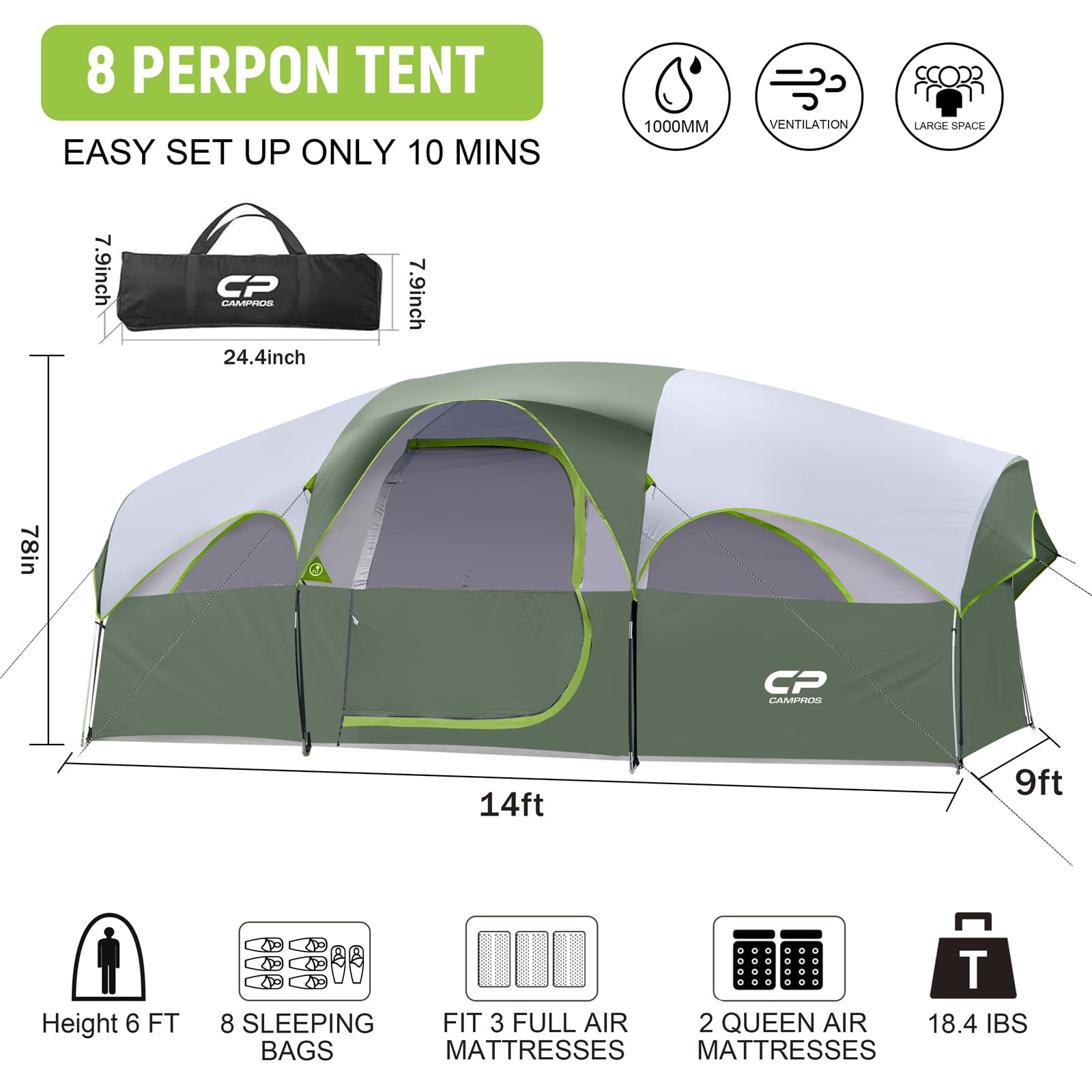 CAMPROS CP Tienda de Campaña 6-8 Personas, Tienda Familiar Grande 427 x 274 x 183 cm, 2 Habitaciones con Separador, Altura Cómoda, Montaje Rápido en 5 Minutos, Ventilada, Camping Familiar
