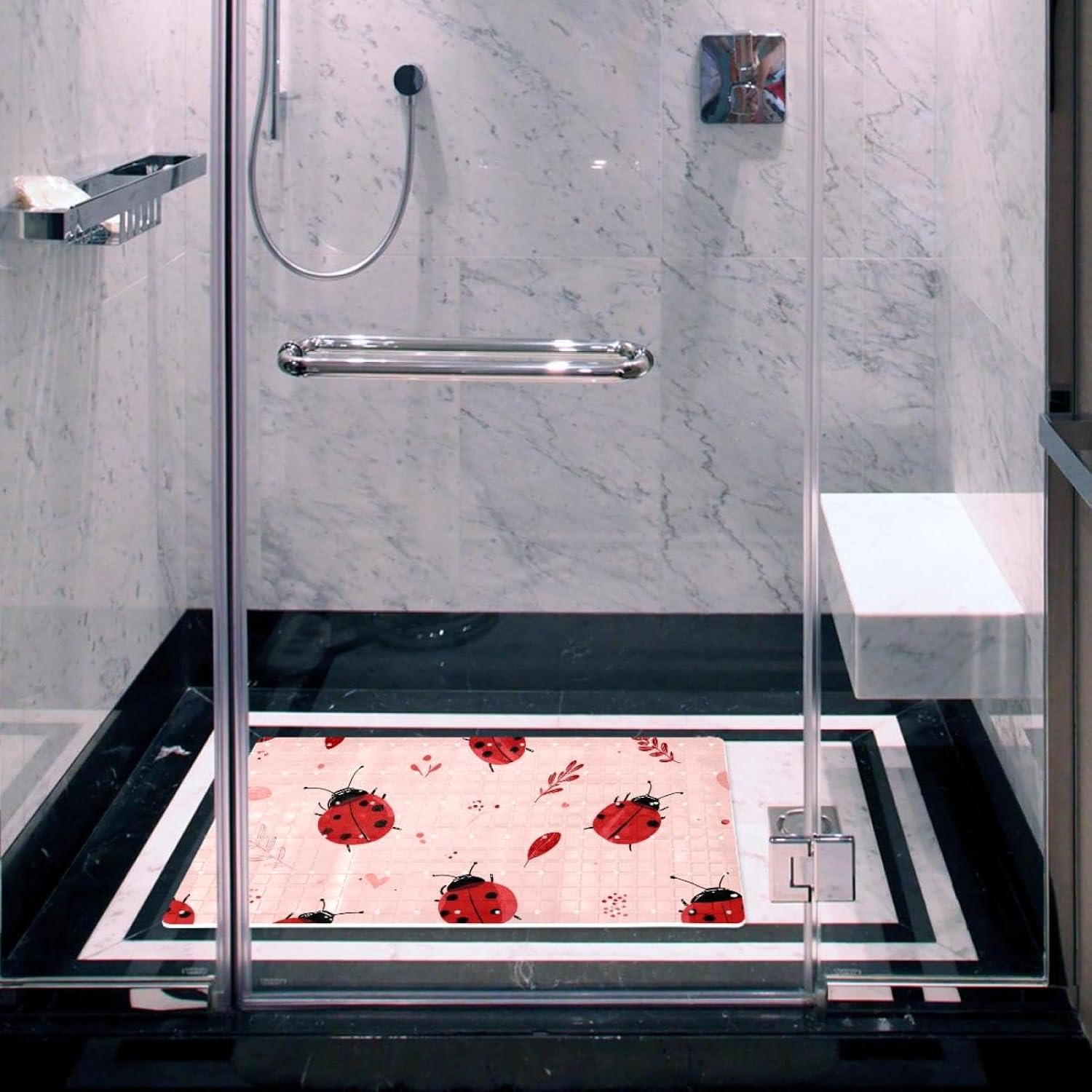 Bath Tub Mat Non Slip 15.1 x 26.8 Inch, Cute Pink Background with Red Ladybugs Eco Friendly Bathmat with Suction Cups Drain Holes Shower Tub Mats