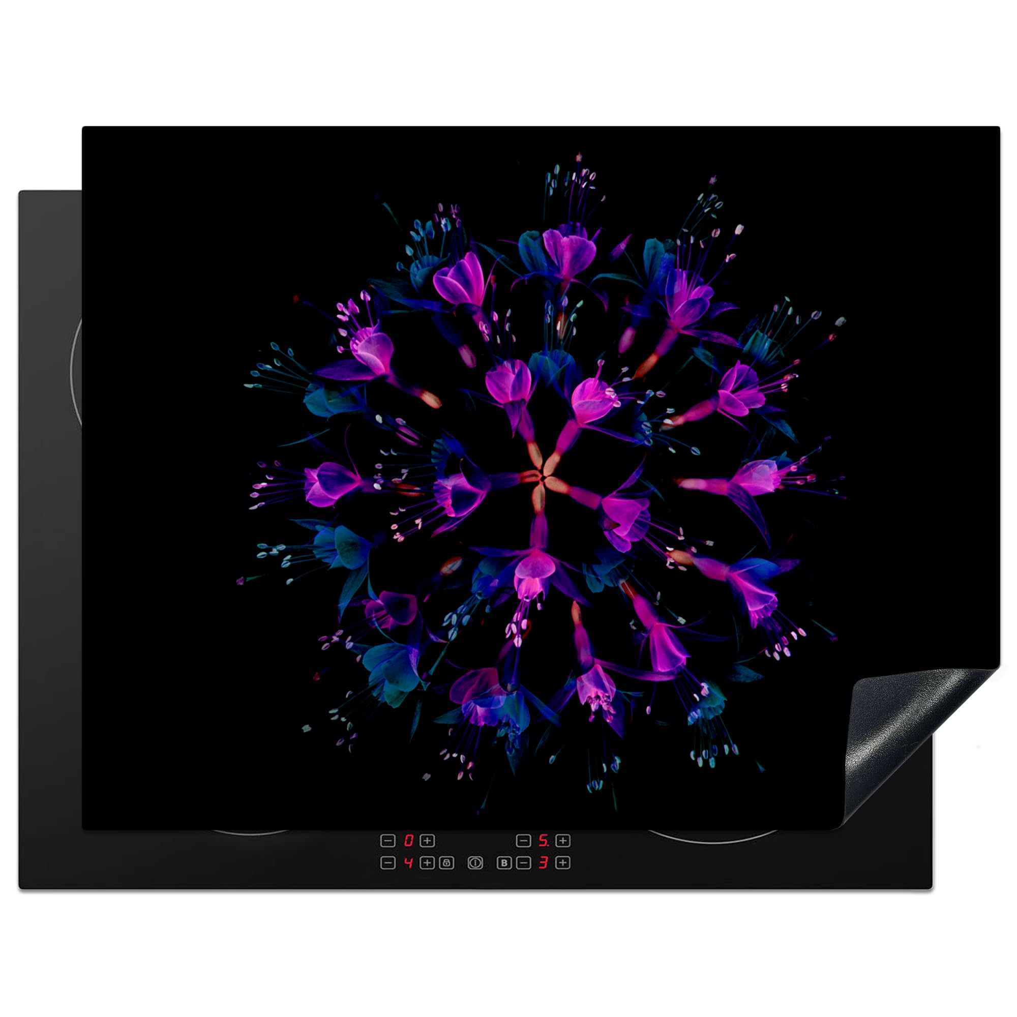 KitchenYeah© Induction Hob Protector Mat 23.2"x30.3" / 77x59 cm Stove Cap Top Cover Kitchen Cooker Covers for Electric Hobs Vinyl Flower - Purple - Blue - Macro - Black — image 1