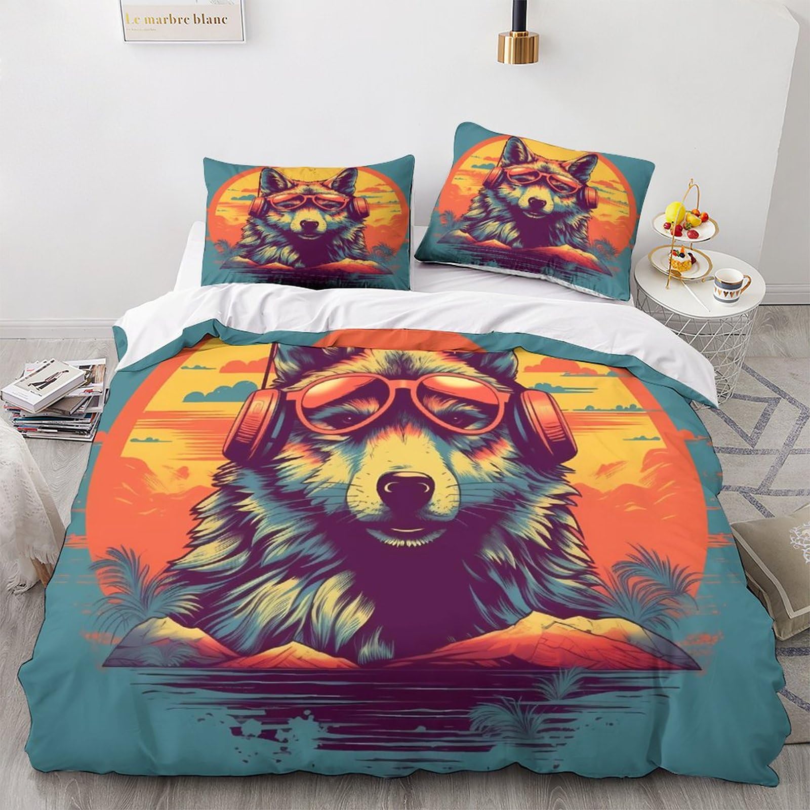 Housse de couette loup 220x240 cm avec taies d'oreiller en microfibre