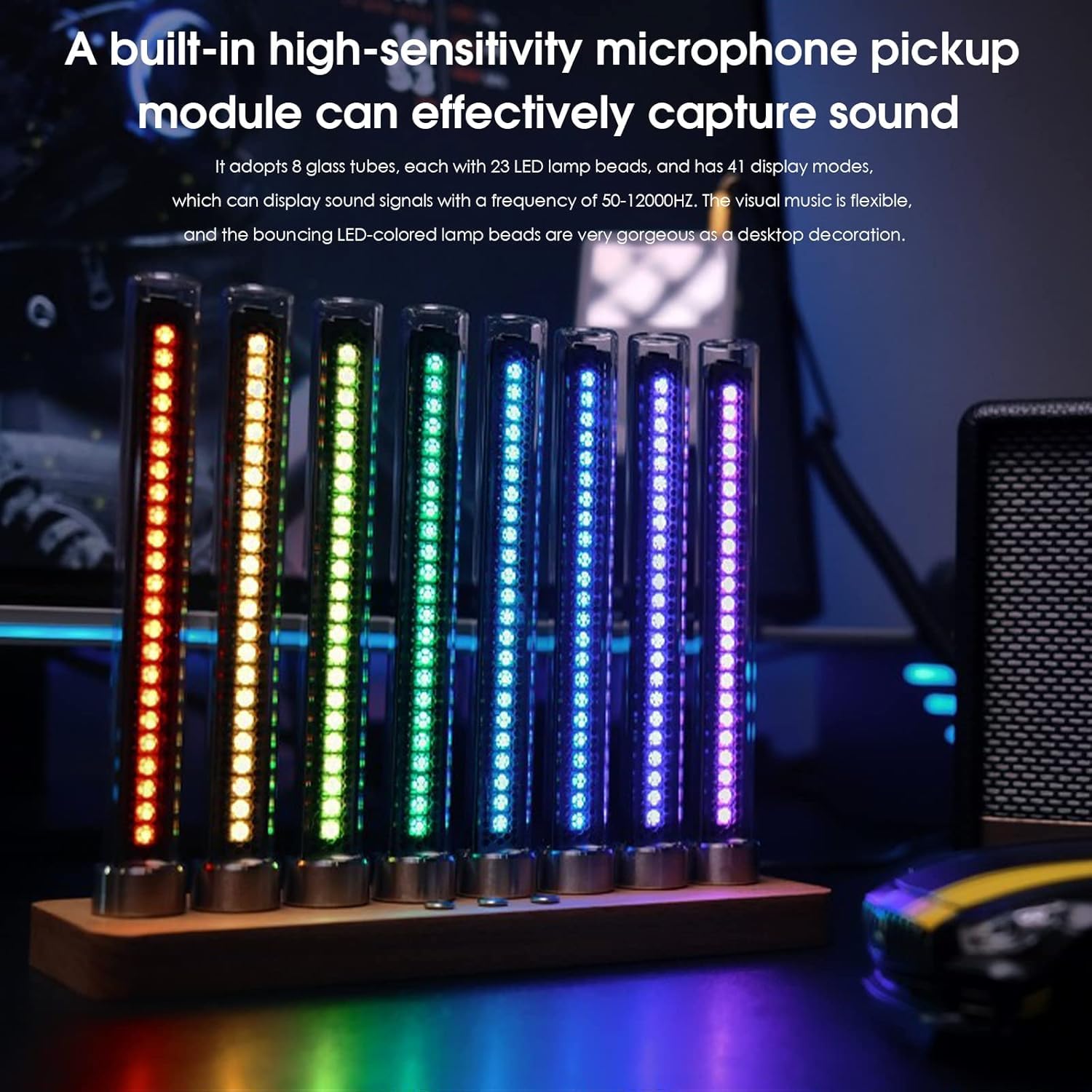 Pasek świetlny rytmu muzycznego, wyświetlacz widma muzycznego LED, 8 lamp audio, 20 poziomów jasności, 5 trybów bicia, 17 predefiniowanych kolorów, wysoka czułość przetworników