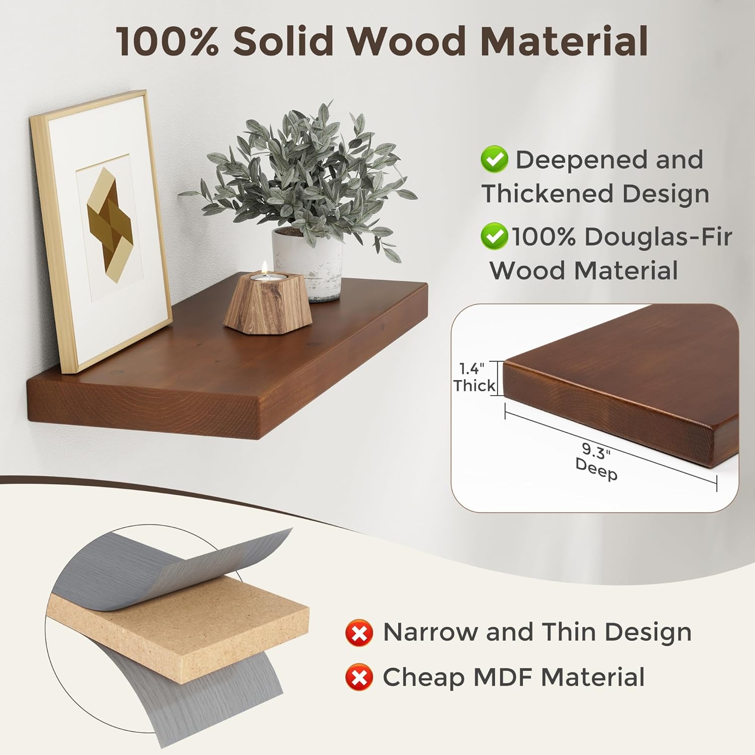 Axeman 24 Inch Floating Shelves for Wall, 9.3" Deep High End Solid Real Wood Wall Shelves with Heavy Duty Invisible Bracket for Living Room, Bedroom, Kitchen, Bathroom, Set of 2, Walnut Finish