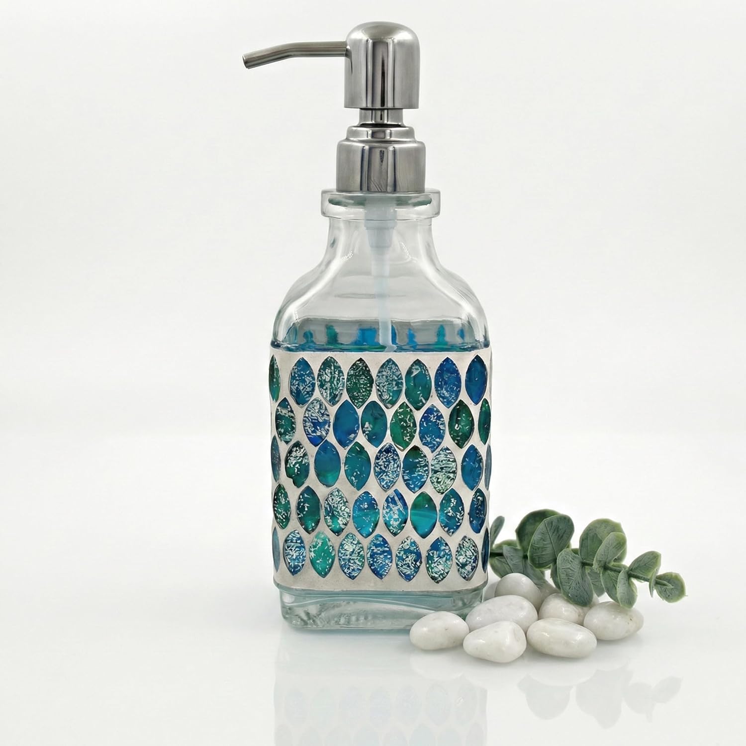 BOPPIE Handcrafted Mosaic Glass Soap Dispenser, Modern Countertop Hand & Dish Soap Dispenser for Bathroom/Kitchen, Refillable Liquid Soap Bottle with Stainless Steel Rust Proof Pump (Mosaic Grid)