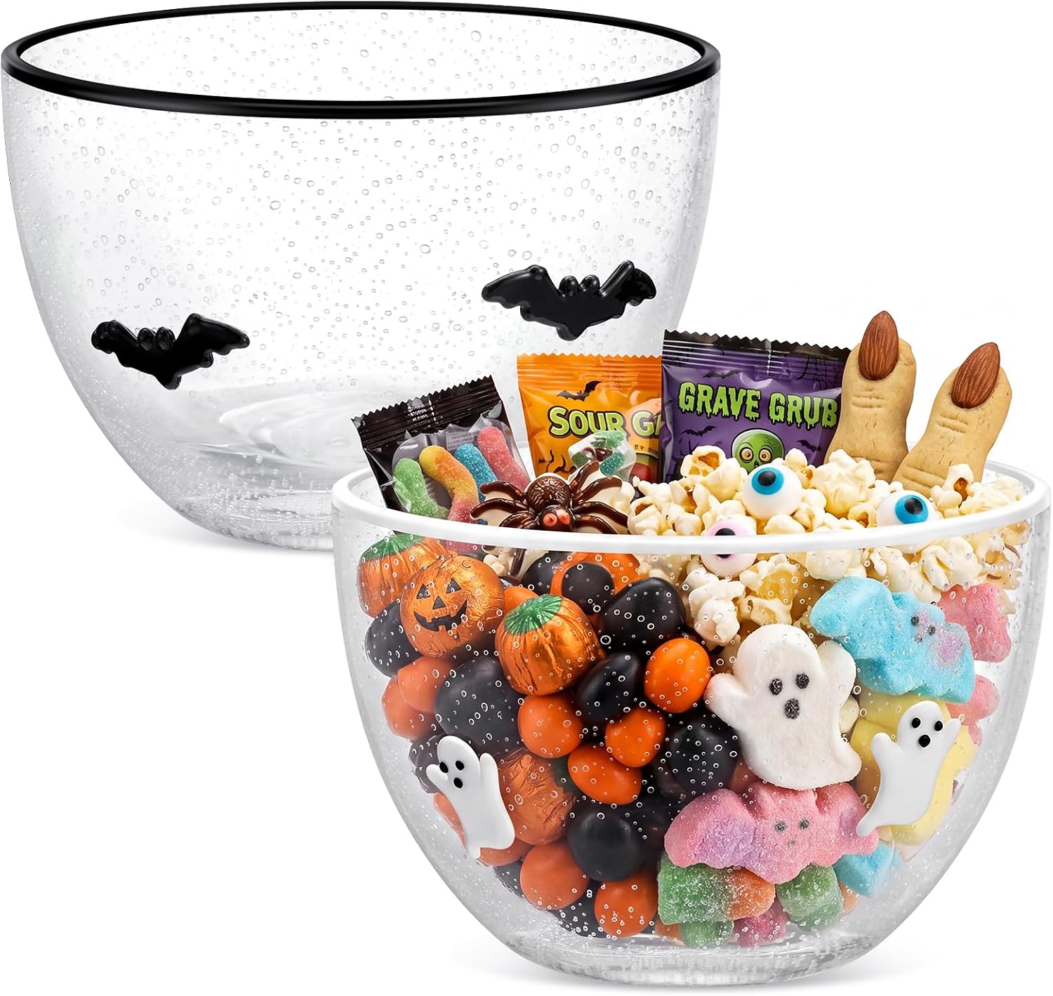 FoldTier Halloween Snack Bowl Set of 2, 14oz Clear Glass Candy Dessert Bowls with Ghost and Bat Design, Spooky Serving Bowls for Halloween Gifts Party Favors Table Decoration