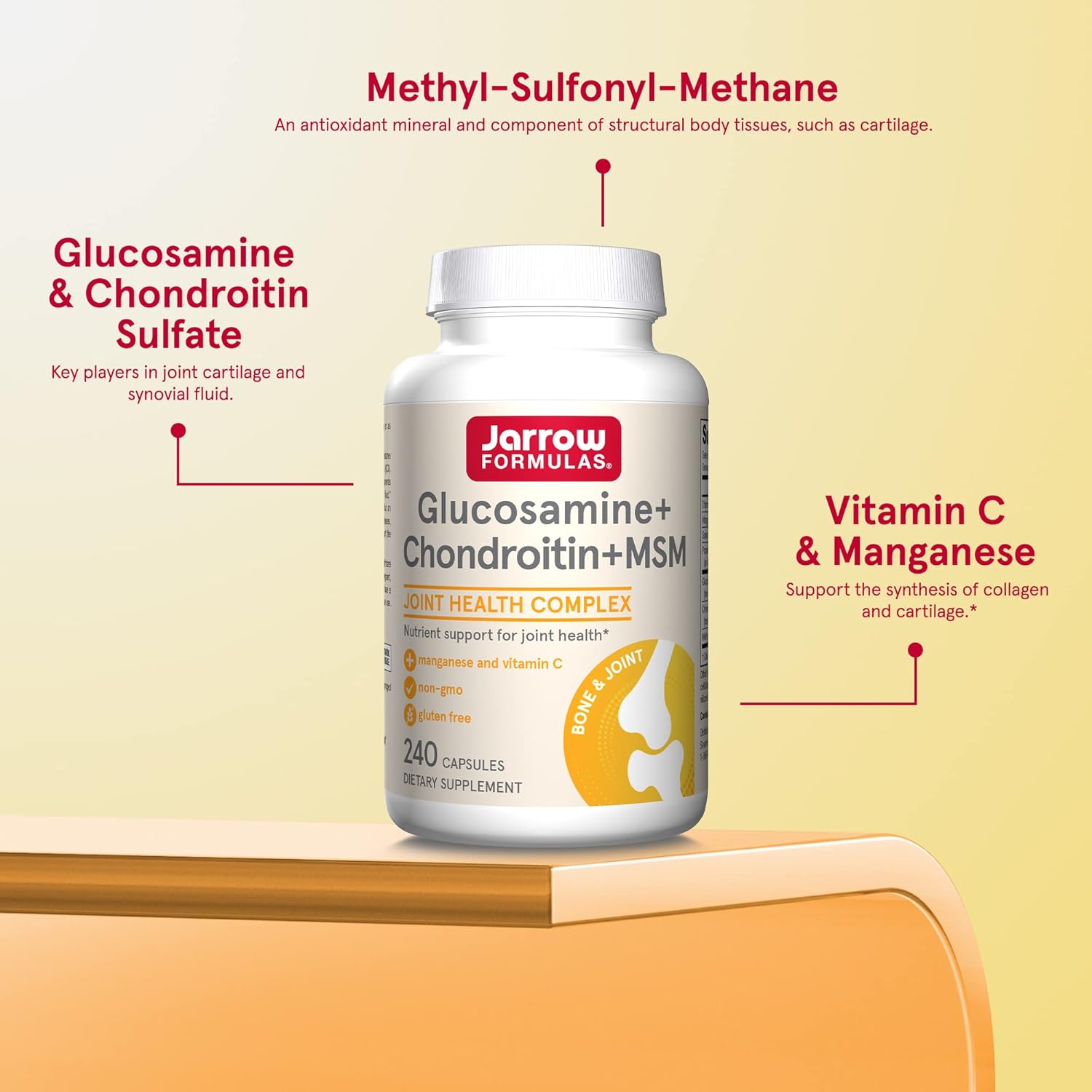 Jarrow Formulas Glucosamine + Chondroitin + MSM - 240 Capsules - Nutrient Support of Joint Health - With Vitamin C & Manganese - 60 Servings : Health & Household