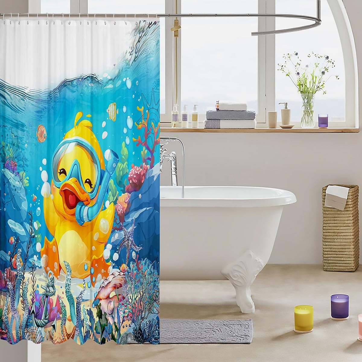 Feelyou Kids Cute Duck Bath Curtain Ocean Sealife Shower Curtain Underwater World Bathroom Shower Curtain Set Boys Girls Cartoon Animal Teens Bathroom Accessories Bedroom Decor 72"x84"